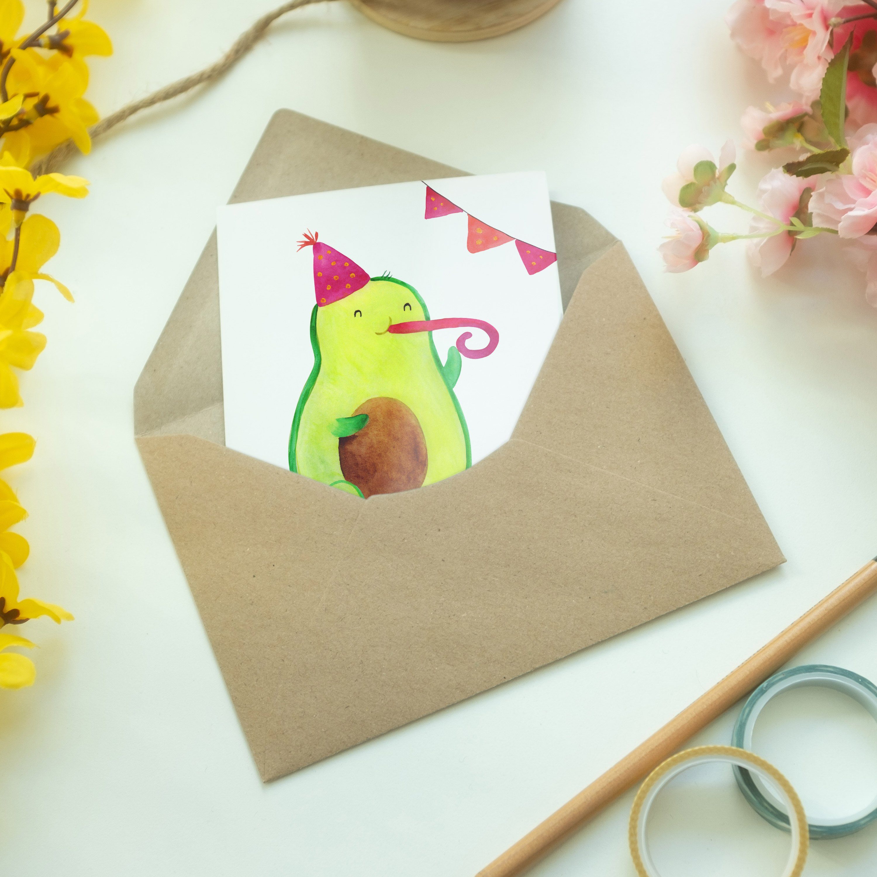 Geschenk, Klappkarte, Weiß Mrs. Überraschung, Mr. Panda - - & Birthday Avocado Einladu Grußkarte