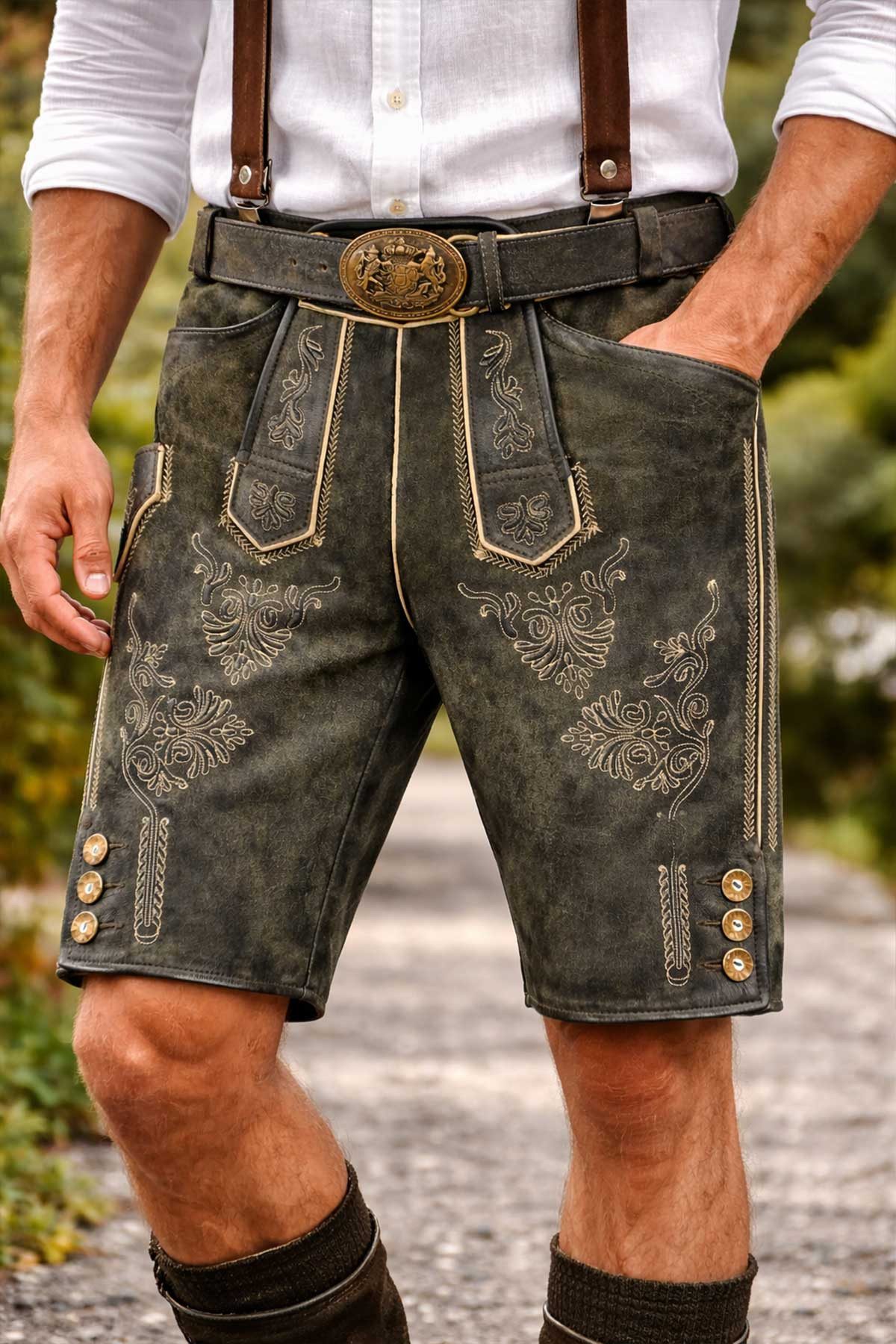Maddox Trachtenlederhose "Ammersee" mit Gürtel - Antik Smoke, Kurze Herren Lederhose
