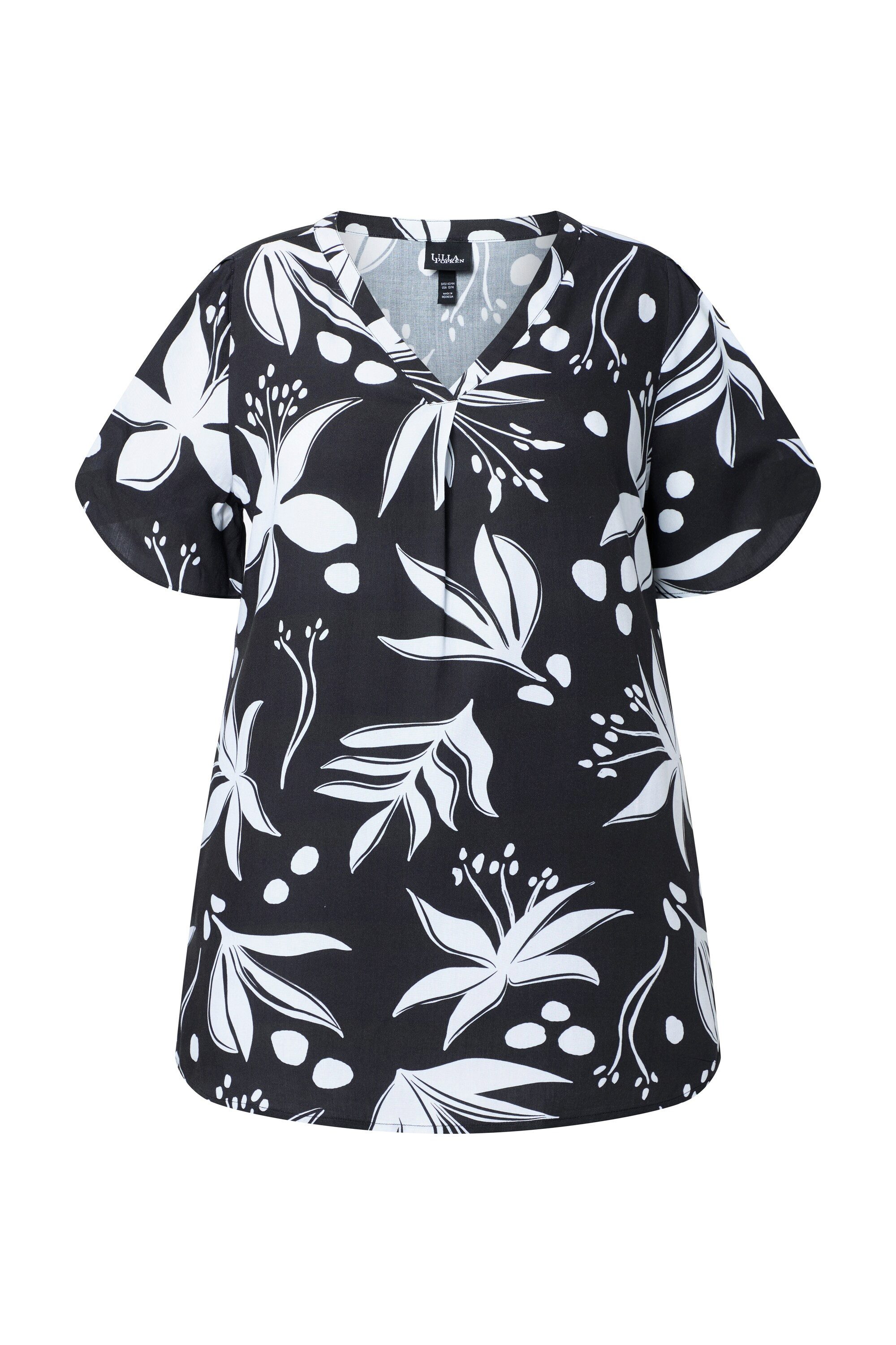 Longbluse Bluse Blüten V-Ausschnitt Zierfalte Halbarm