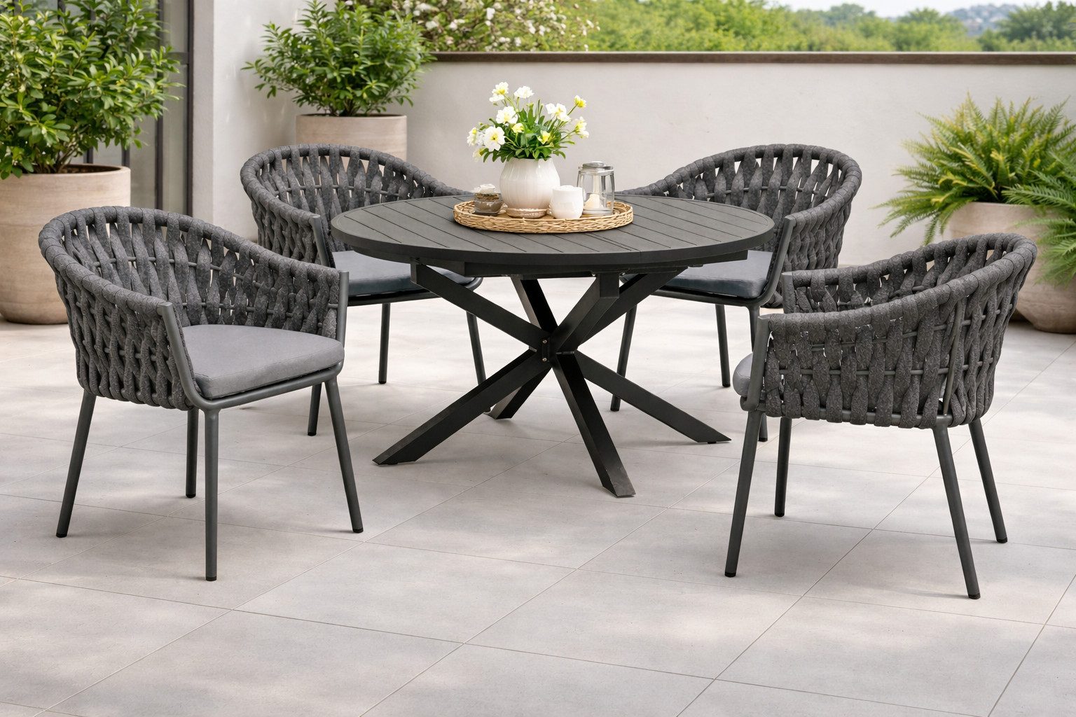 Destiny Garten-Essgruppe MOLINO ARONA, (9-tlg., 4x Sessel, 1x Tisch), 4x Sessel +Polster, 1x Tisch ausziehb. 120/170cm, 145/199 cm