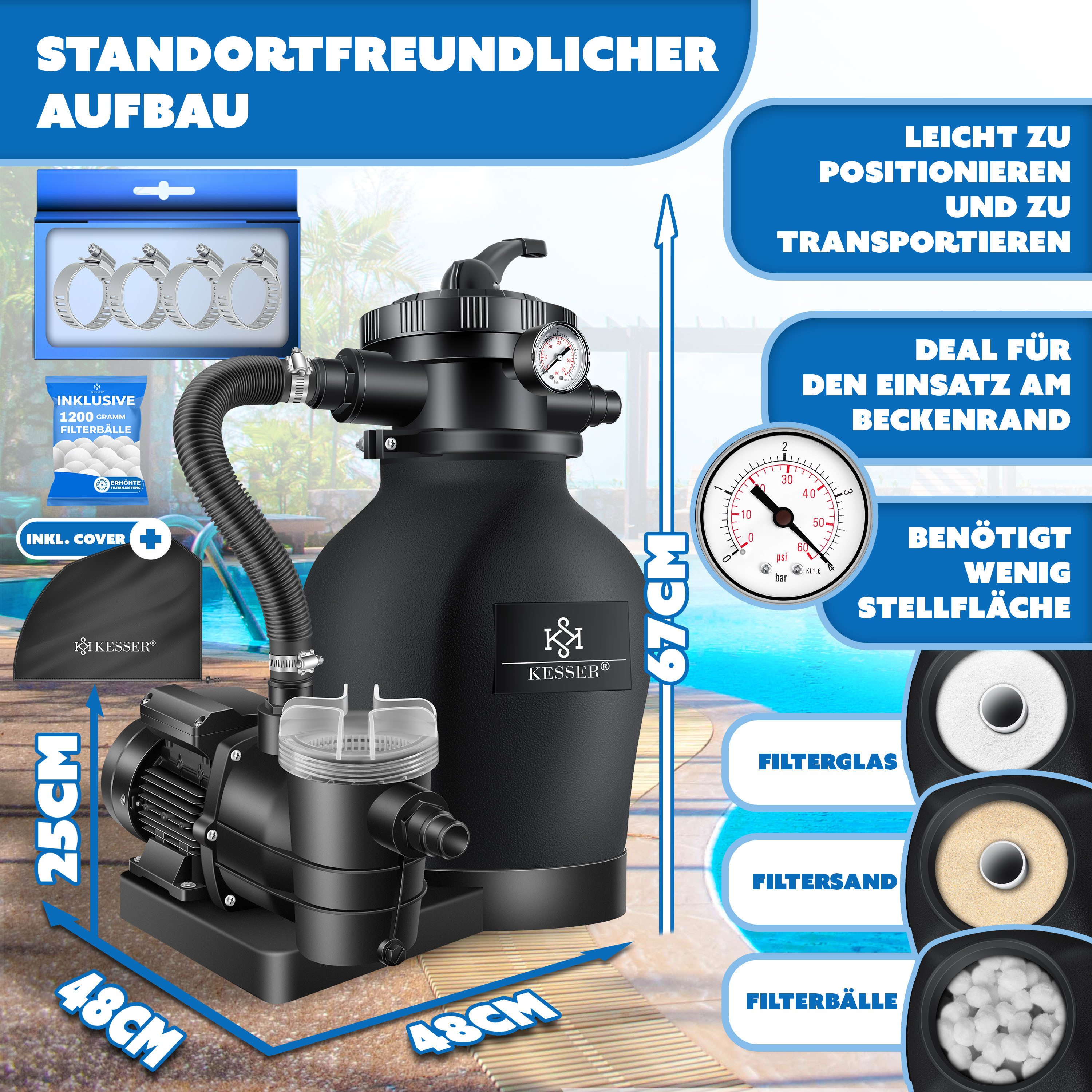 KESSER Sandfilteranlage 600W Sandfilter für Pools 13200L/h Durchfluss Poolfilter 7-Wege Ventil (Filteranlage mit Pumpe, 1200g Filterbälle Druckmanometer, Abdeckung), Tankvolumen für bis 30kg Sand Professionelle Poolwasserfilterung