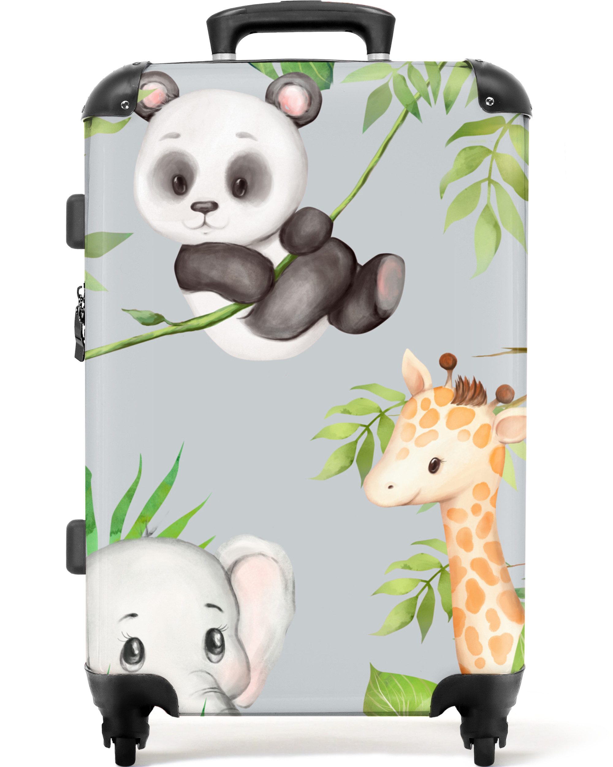 NoBoringSuitcases.com© Kinderkoffer Dschungel - Panda - Elefant - Giraffe - Kinder 67 cm - 72 L, Mittelgroßer Reisetasche mit Rollen für 20kg, Kinderkoffer