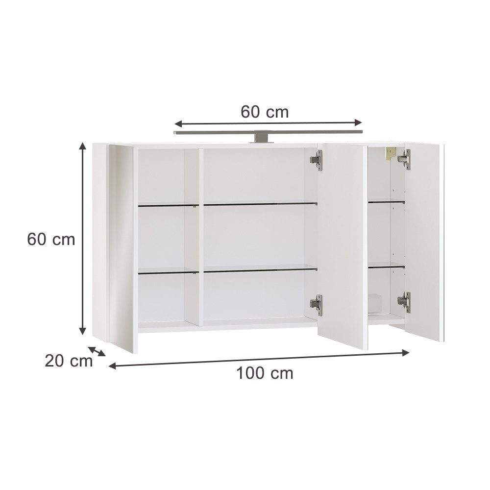 Vicco Badezimmerspiegelschrank Lavio, Weiß, 100 x 60 cm mit 3 Türen und LED günstig online kaufen