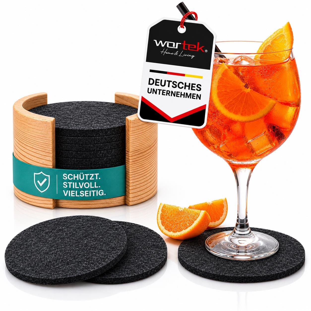 wortek Getränkeuntersetzer Filz-Untersetzer 10 Stück + Box, Anthrazit, Zubehör für Tisch & Gläser, Tassen, Bar, Glasuntersetzer Ø 10 cm inkl. Holzhalterung, waschbar