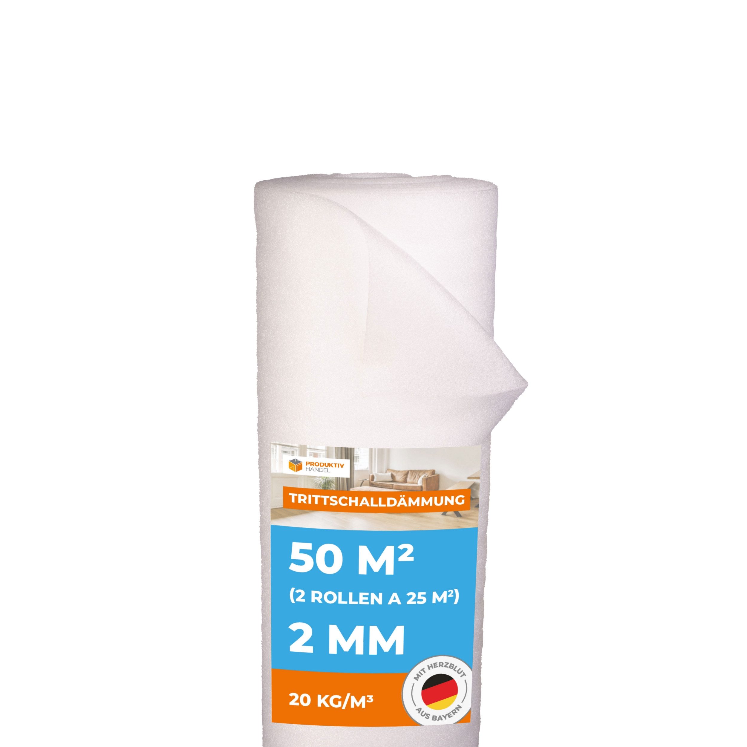 Produktiv Handel Trittschalldämmfolie Trittschalldämmung Profi Basic 2 mm, 2 mm Stärke, für Laminat und Parkett, (50 m², 2 Rollen á 25 m), für Fußbodenheizung geeignet