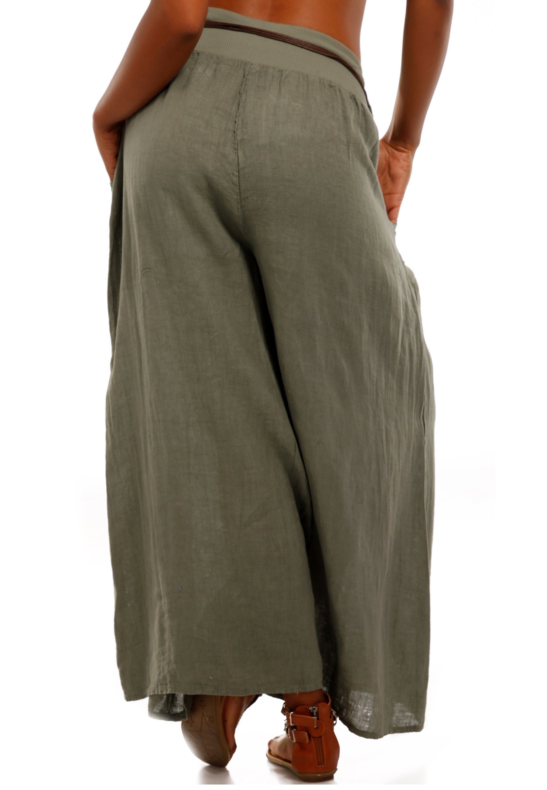 (1-tlg) mit elastischem & Leinenhose khaki Bein casual, Fashion weitem Leinenhose Style Hosenrock mit Bund YC