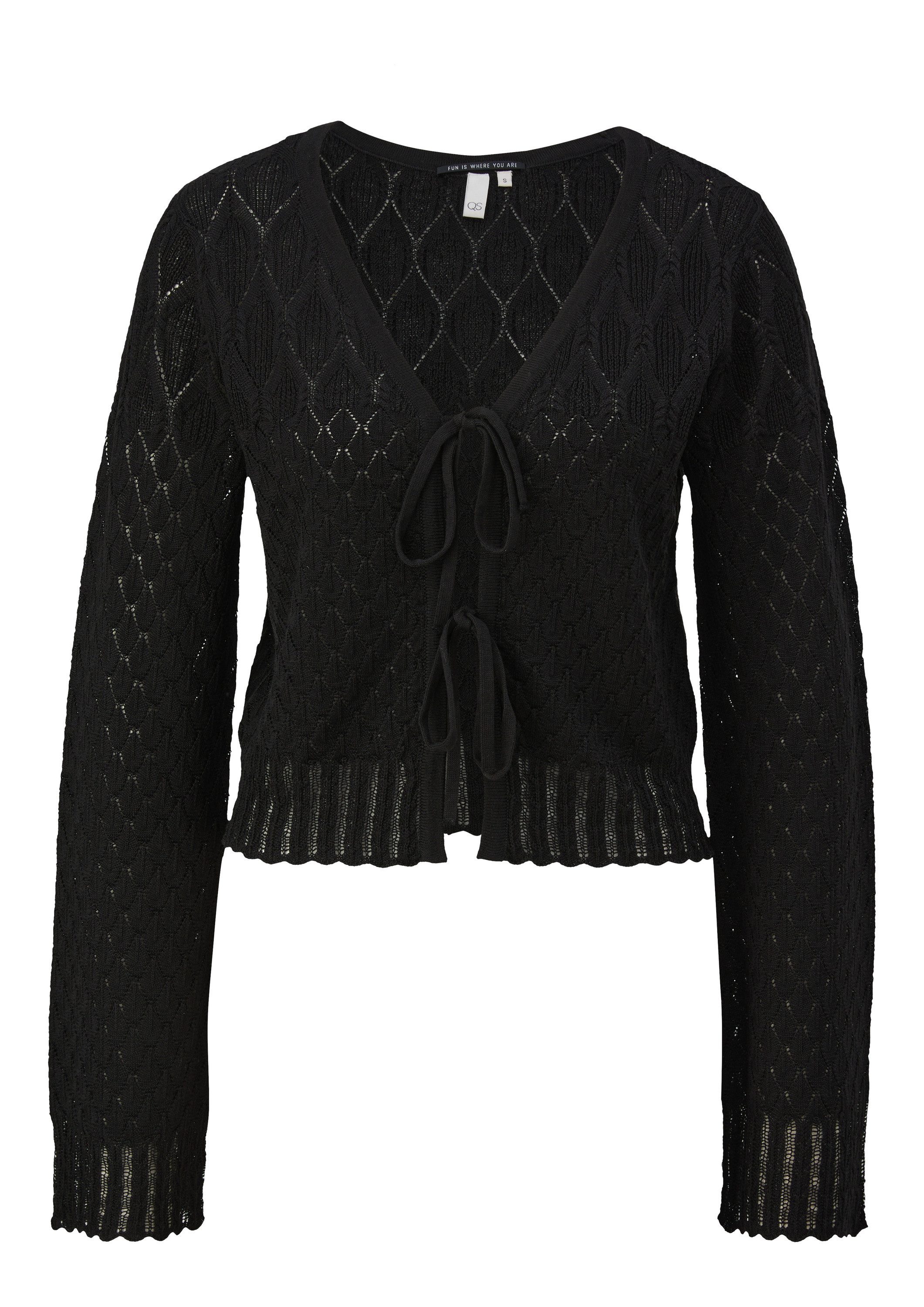 QS Cardigan Strickjacke Strickjacke mit Ajourmuster und Bindedetail