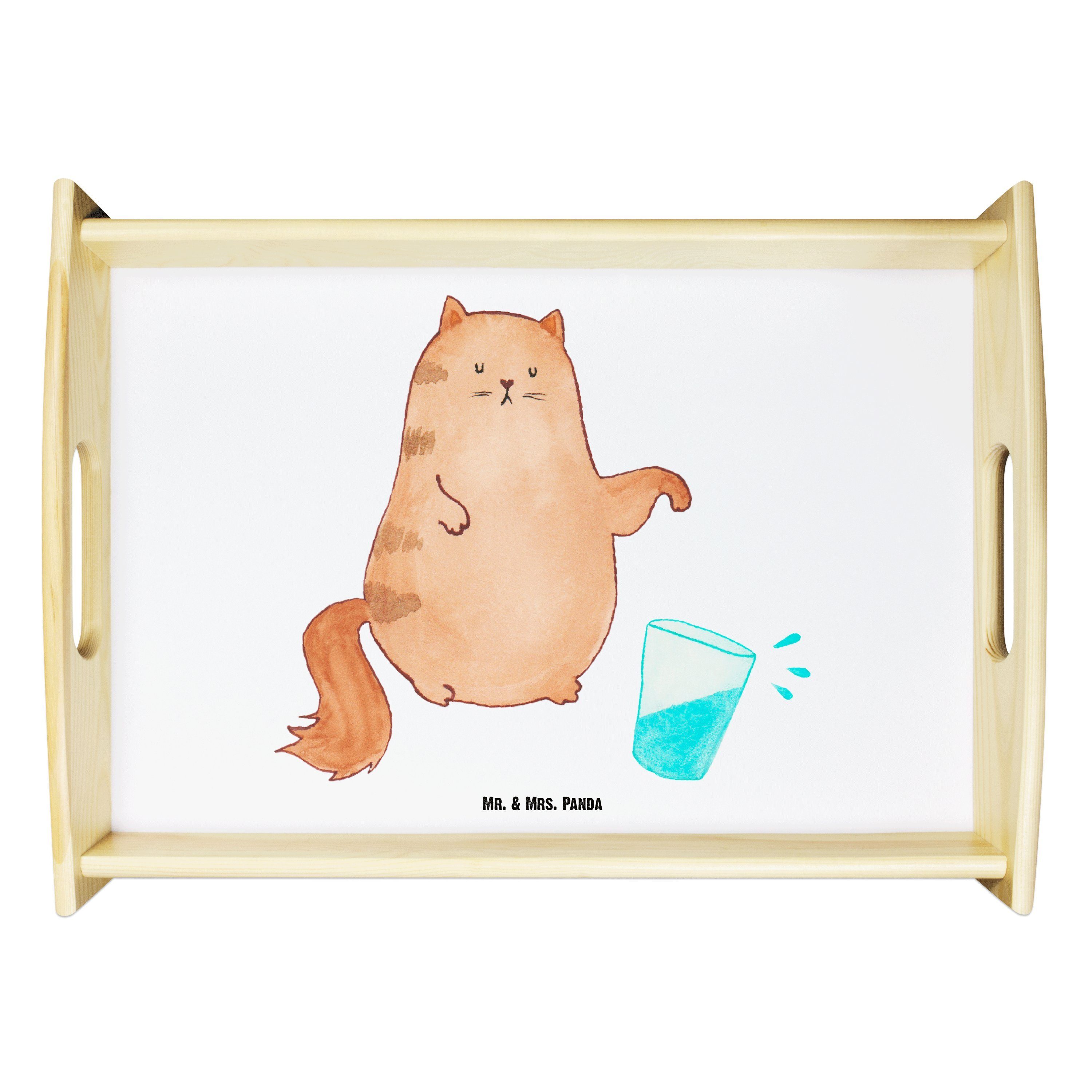 Mr. & Mrs. Panda Tablett Katze Wasserglas - Weiß - Geschenk, Katzenmotive, Kater, Katzenprodu, Echtholz lasiert, (1-tlg)