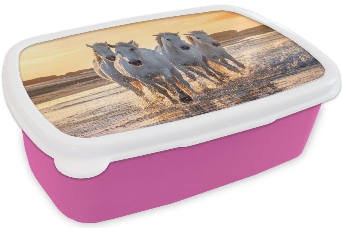 rosa - - Mädchen, Brotbox Erwachsene, Tiere, - Pferde Strand Snackbox, Lunchbox Kunststoff, (2-tlg), Kunststoff für Brotdose Wasser MuchoWow Kinder,
