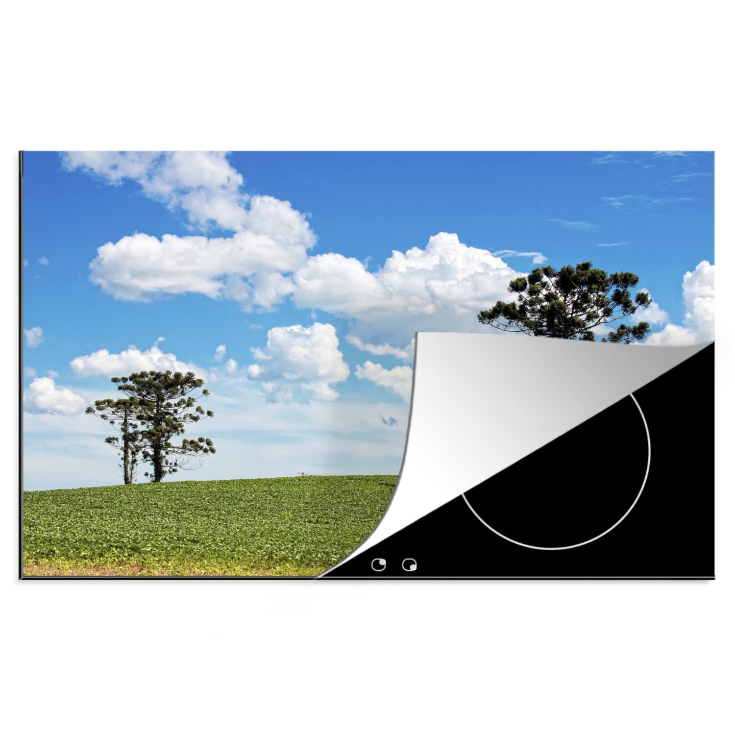 MuchoWow Herdblende-/Abdeckplatte Eine bäuerliche Landschaft mit Paranakiefern unter blauem Himmel, Vinyl, (1 tlg), 81x52 cm, Induktionskochfeld Schutz für die küche, Ceranfeldabdeckung
