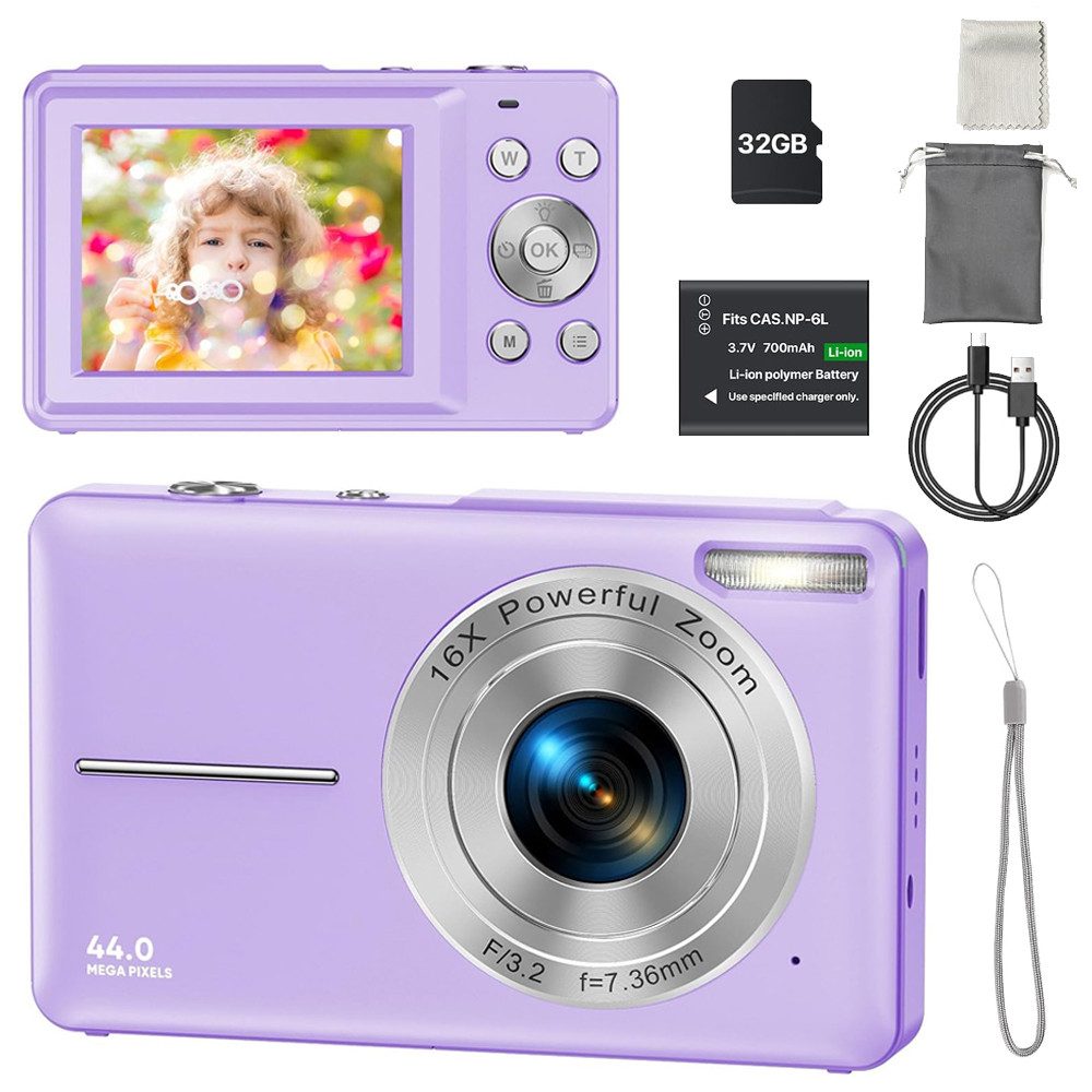 TUWENA Digitalkamera 1080P44MP Fotokamera mit 32G Karte 1Akku 16X Digitalzoom Kompaktkamera (44 MP, Fotoapparat Tragbare Kompaktkamera 2,4"LCD für Kinder Teenager Student)