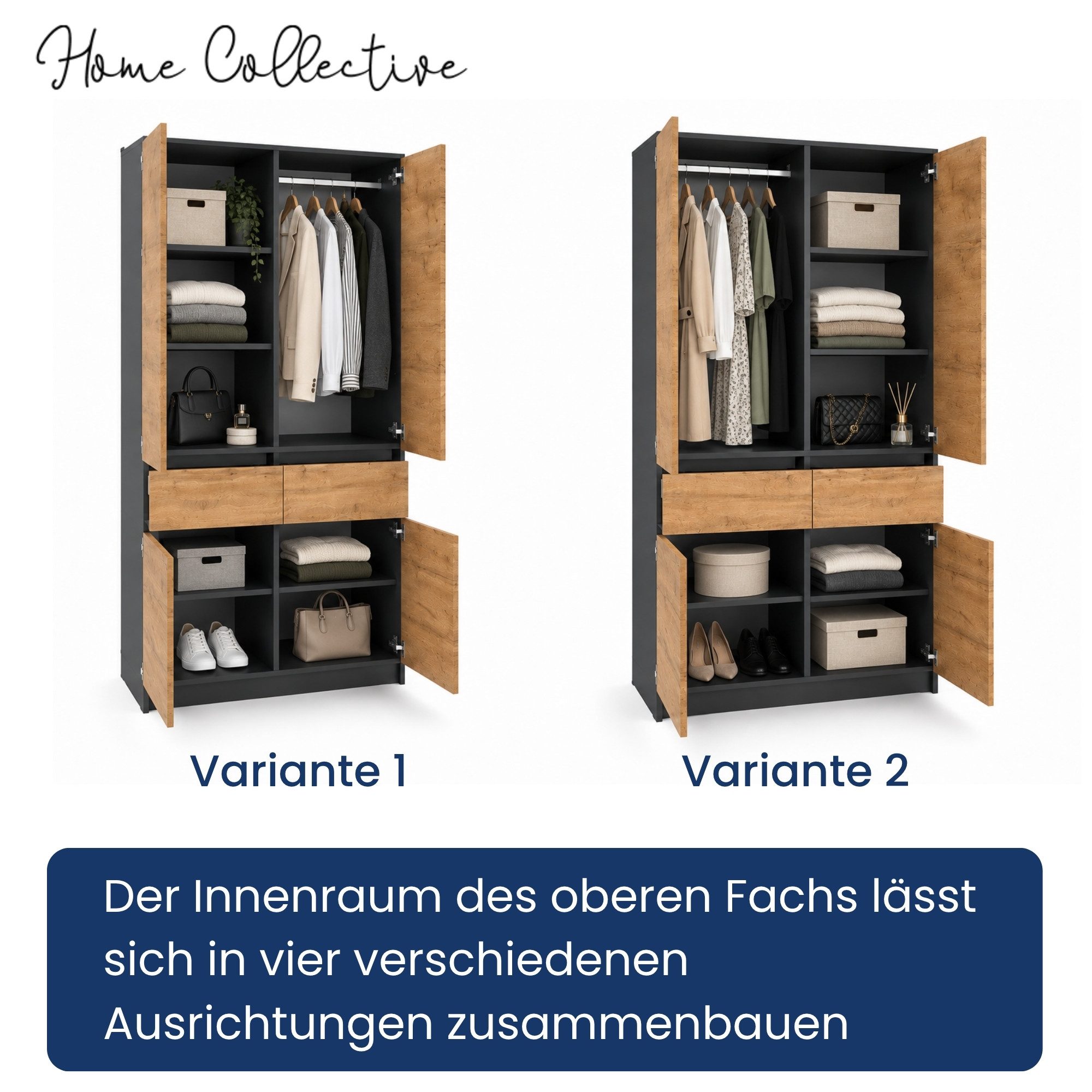 Home Collective Kleiderschrank Schrank Schlafzimmer Garderobenschrank Mehrzweckschrank Hochschrank (100 cm breit, mit 2 Schubladen, Kleiderstange & Einlegeböden – Bild 4 von 5