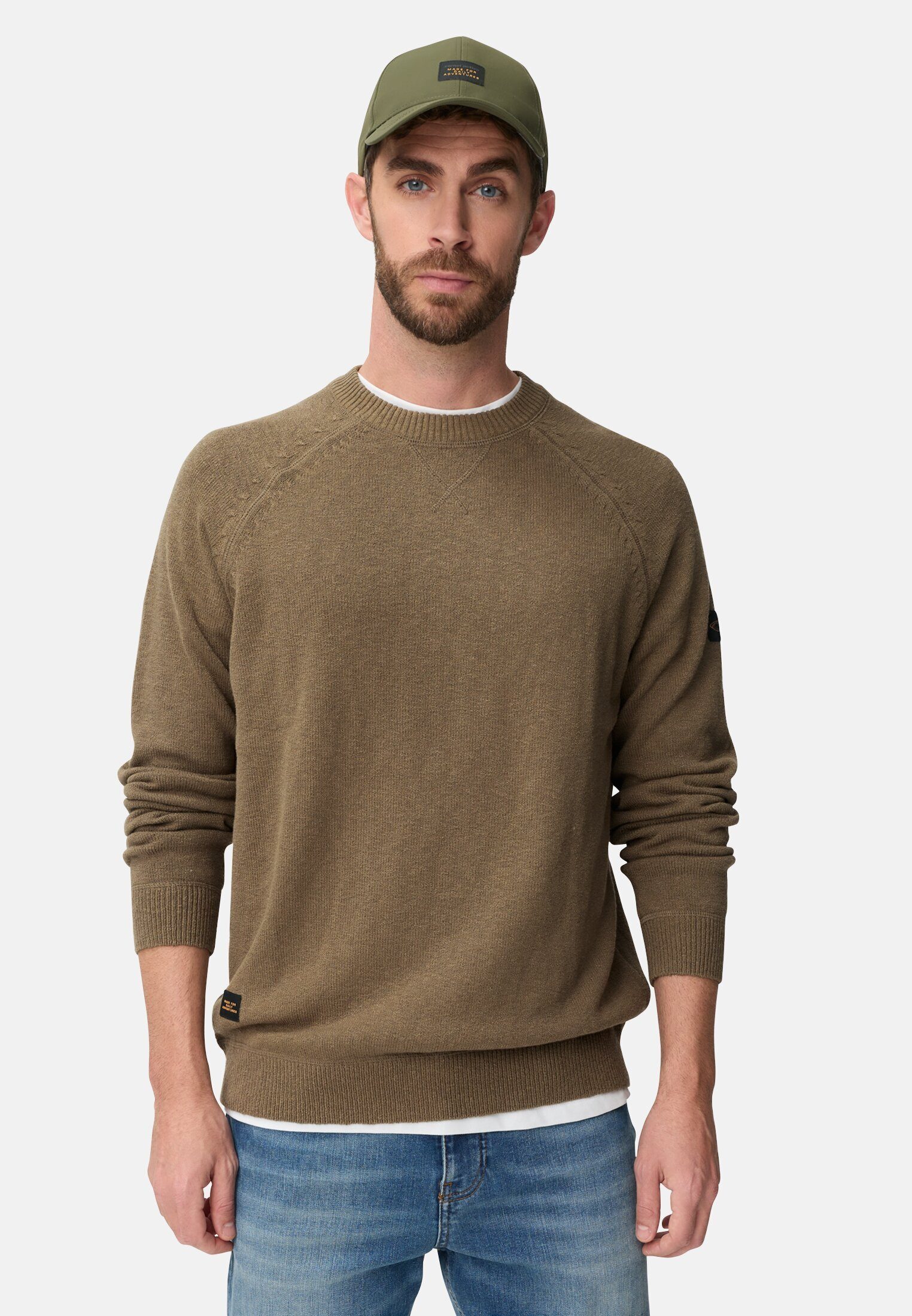camel active Strickpullover mit Rundhalsausschnitt Langarm Markenlogo