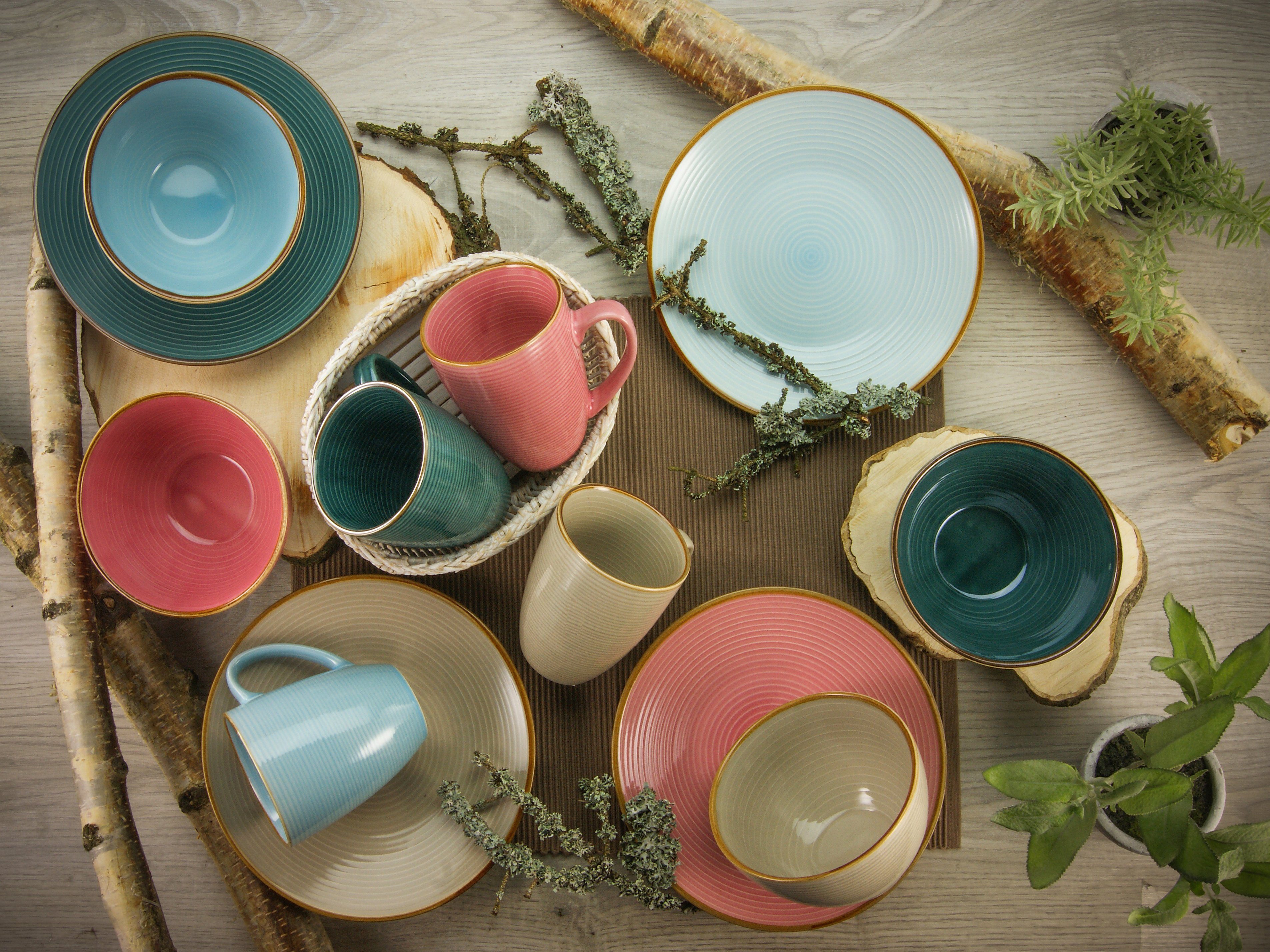 CreaTable Kombiservice Geschirr-Set Cosy Day (16-tlg), 4 Personen, Steinzeug, Service, Kreisstruktur, in Pastell-Farben, 16 Teile, für 4 Personen