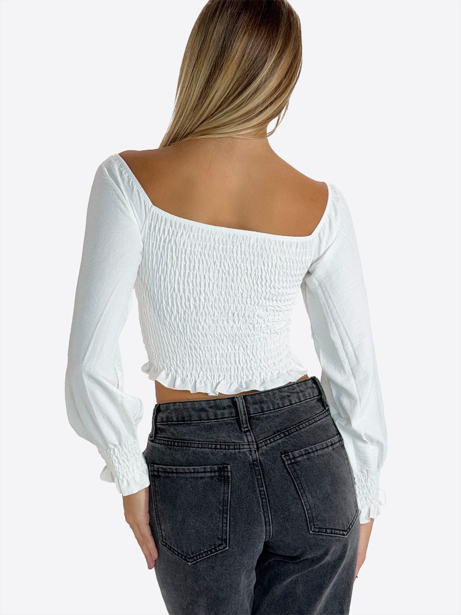 Elara Blusentop – Damen Crop Bluse mit Schnürung, Carmen-Ausschnitt und Puffärmeln – Bild 2 von 5