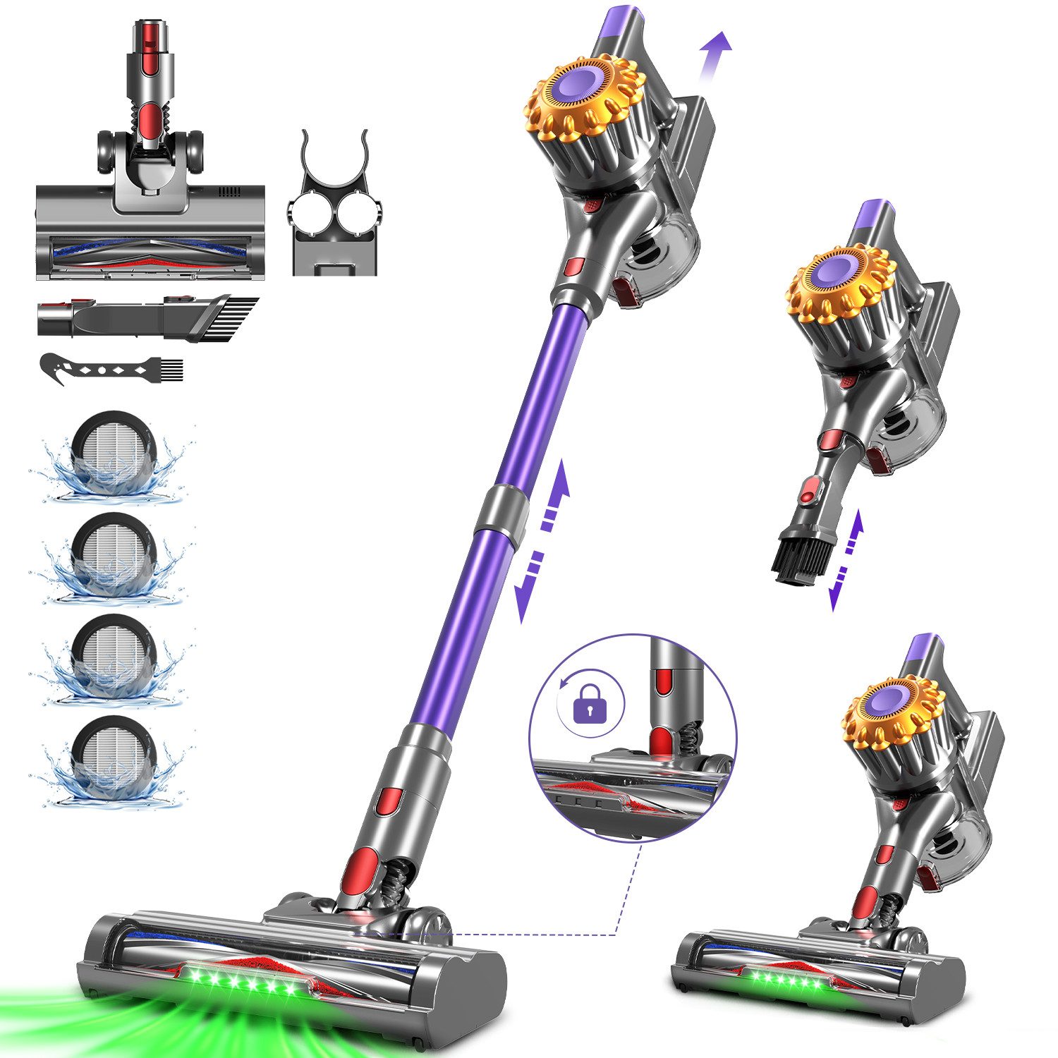 Adormii Akku-Hand-und Stielstaubsauger Akku Staubsauger,Staubsauger Kabellos 50kPa/50Min,GreenEye-Technologie, beutellos, Selbststehendes Design,Staubsauger für Tierhaare,Teppich und Hartboden