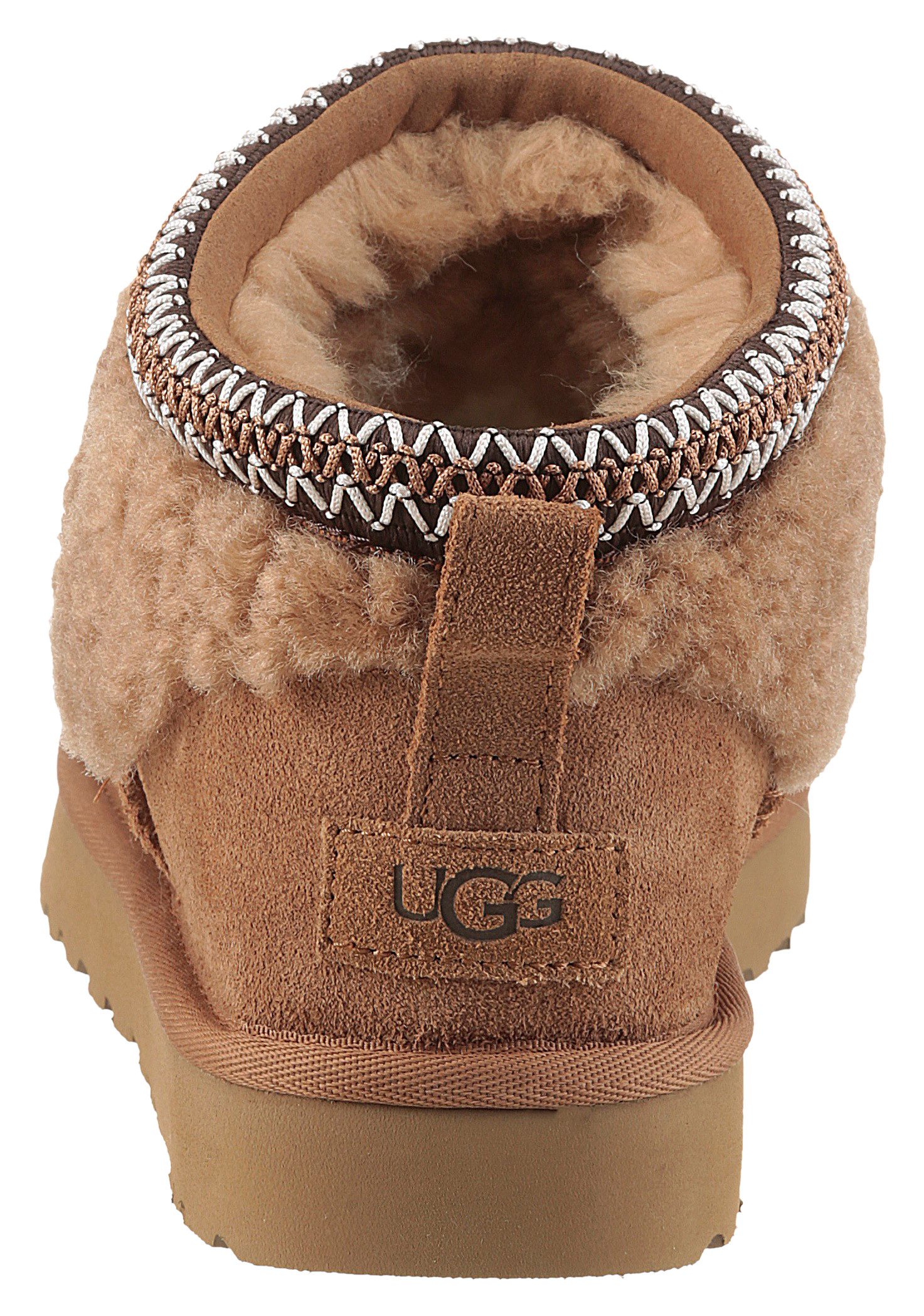 UGG CLASSIC ULTRA MINI MAXI CURLY Schlupfboots, Winterstiefel, Snowboots mit Ethno-Textilband am Schaftrand