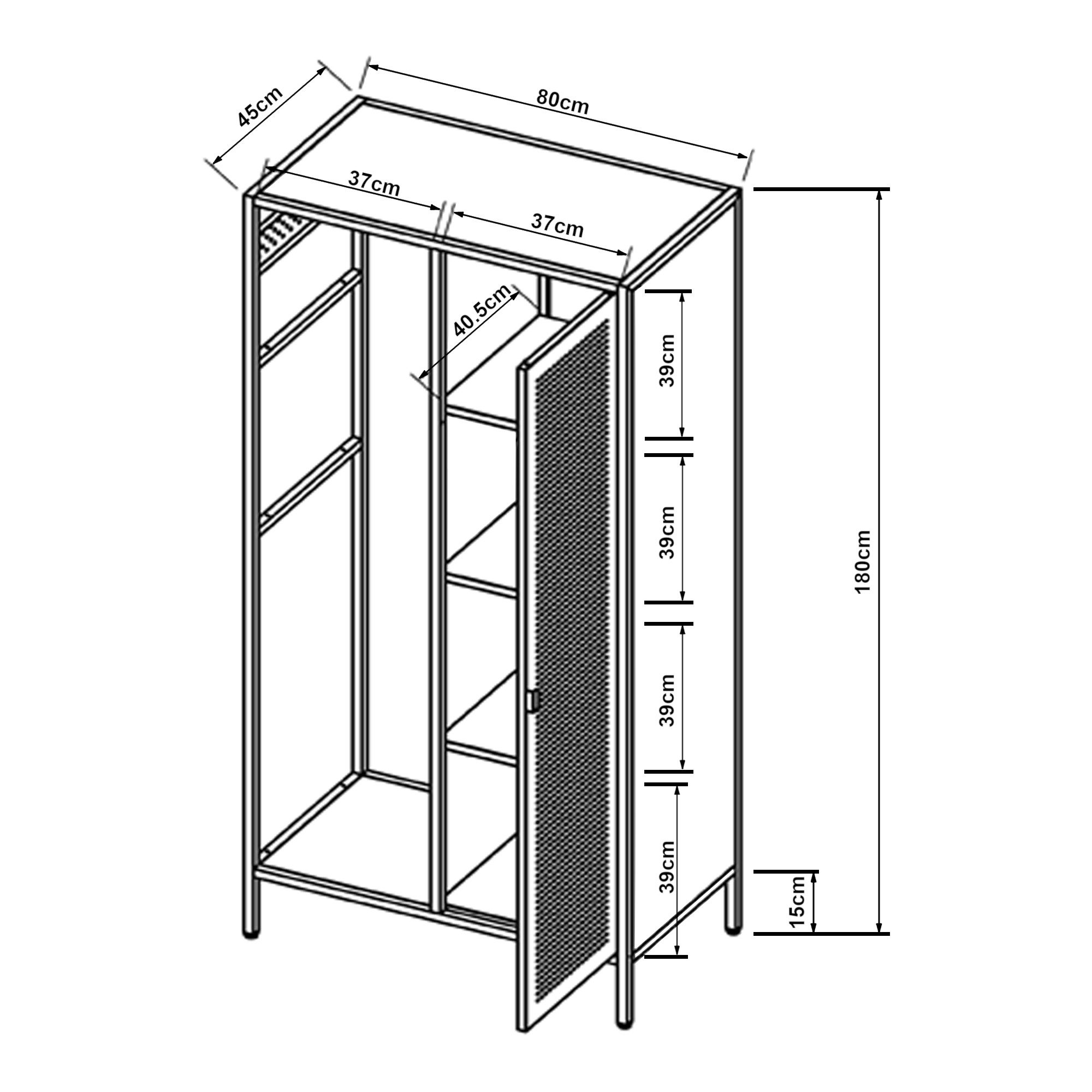 en.casa Kleiderschrank »Puumala« 180x80x45 cm 4 Fächer und 1 Kleiderstange Metall Schwarz – Bild 4 von 5