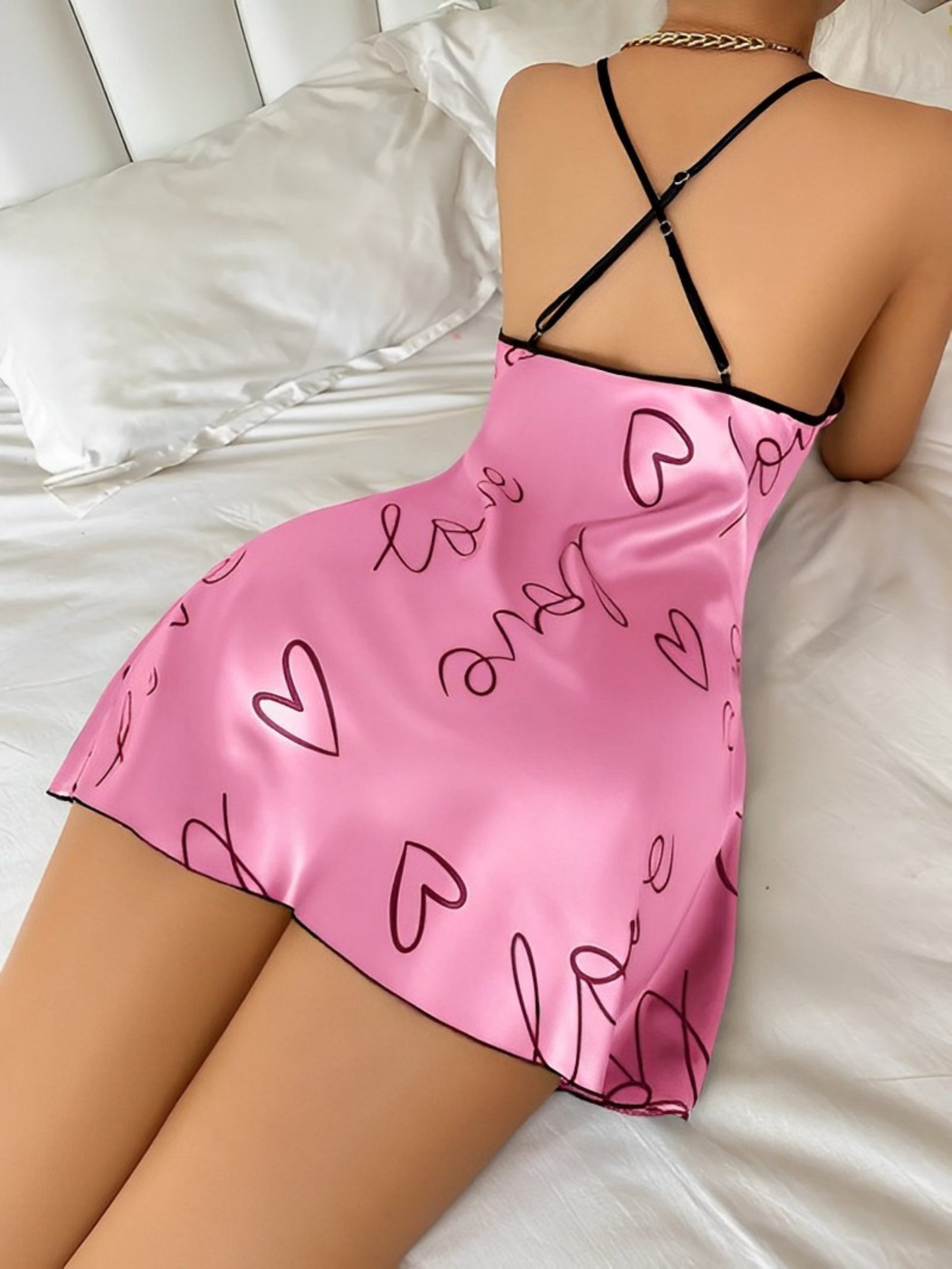 Elegant Love Nachthemd Sexy Negligee für Damen, Nachtwäsche aus Satin (1-tlg) Rückenfreie Loungewear mit Herz- und Buchstabendruck