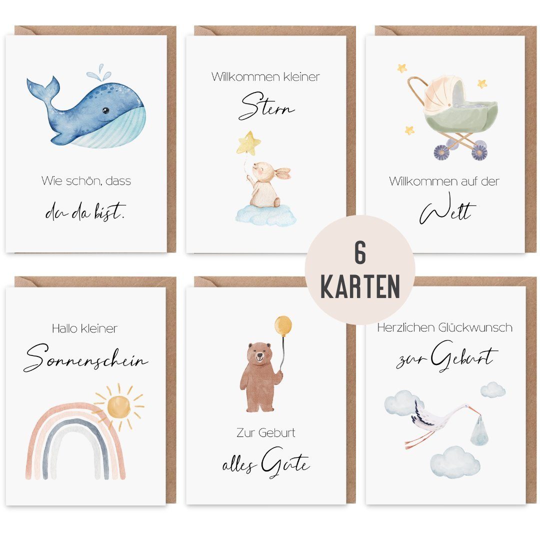 Things of Happiness Grußkarten Glückwunschkarten zur Geburt Baby, Set Klappkarten Geburt, 6 Karten und 6 Briefumschläge aus Recyclingpapier, aquarell Still
