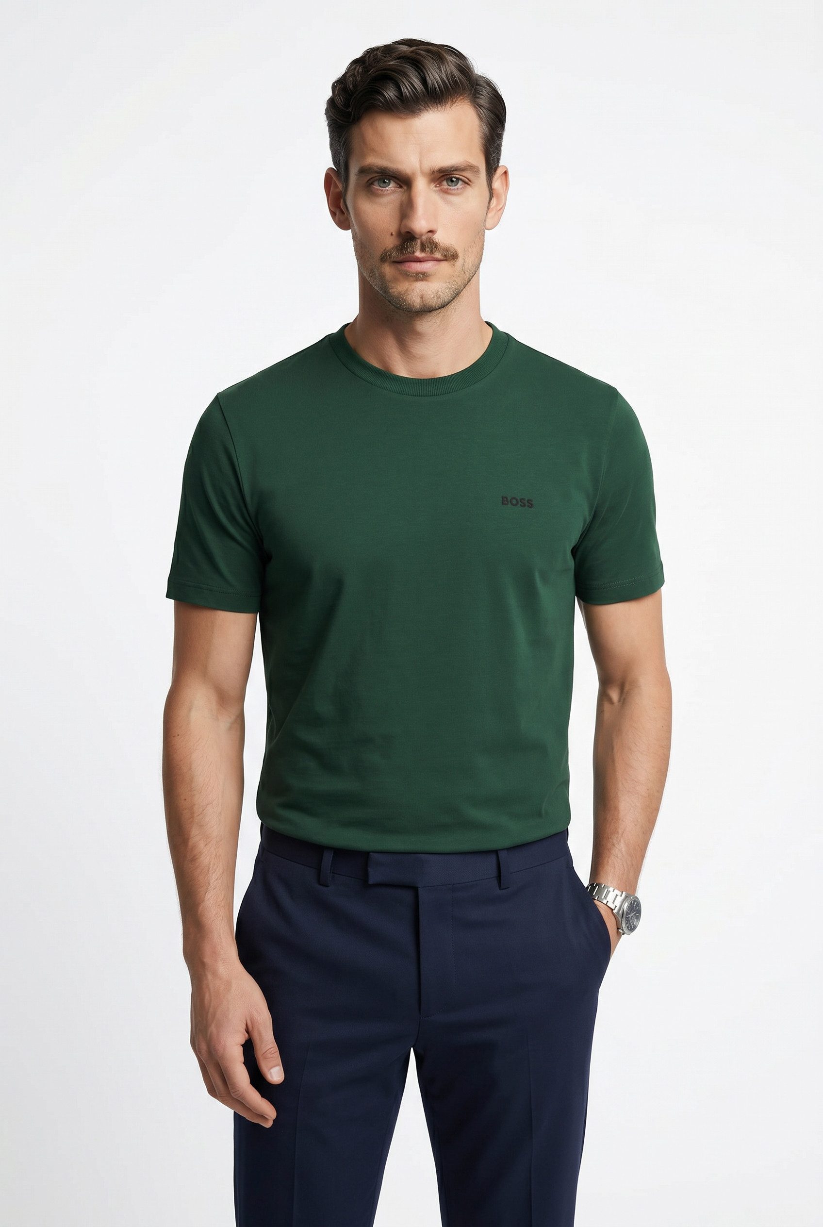 BOSS GREEN Rundhalsshirt Tee Regular Fit Stretch Jersey Cotton, Logo on Chest, Rundhals