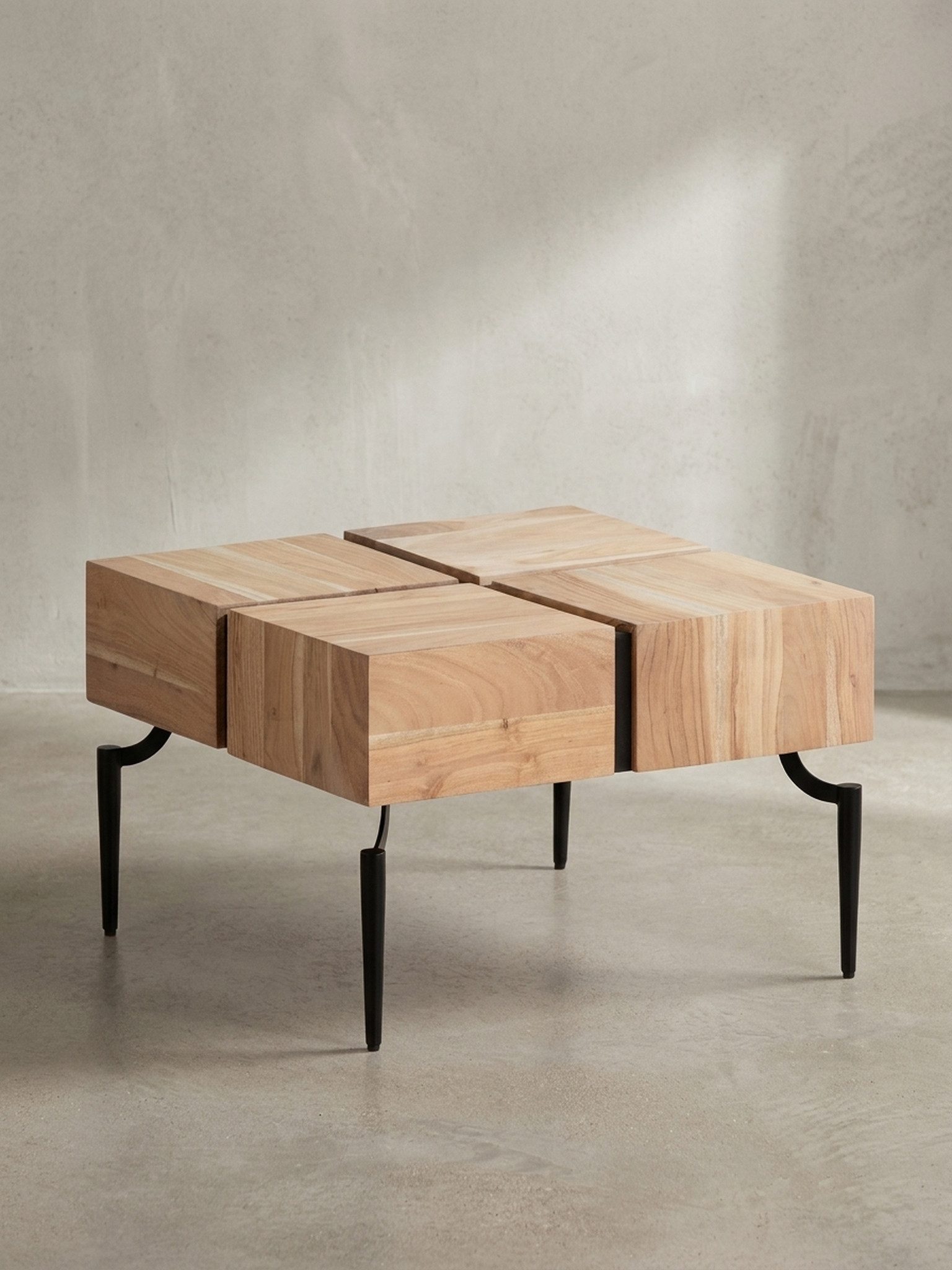 KADIMA DESIGN Couchtisch Couchtisch Akazie Massivholz 60x60x40 cm Quadratisch mit (Modern, Kaffeetisch Cube Braun / Schwarz), Metallgestell, Kleiner Sofatisch Würfel-Form, Wohnzimmertisch Couch