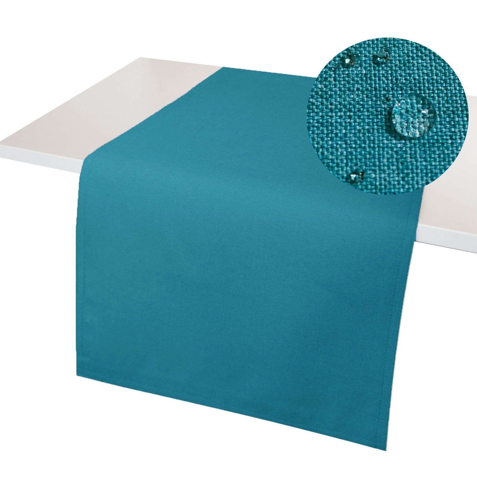 LEINEN-OPTIK Brilliant waschbar Tischläufer Lotuseffekt Windstabil, Petrol Fleckschutz Tischläufer