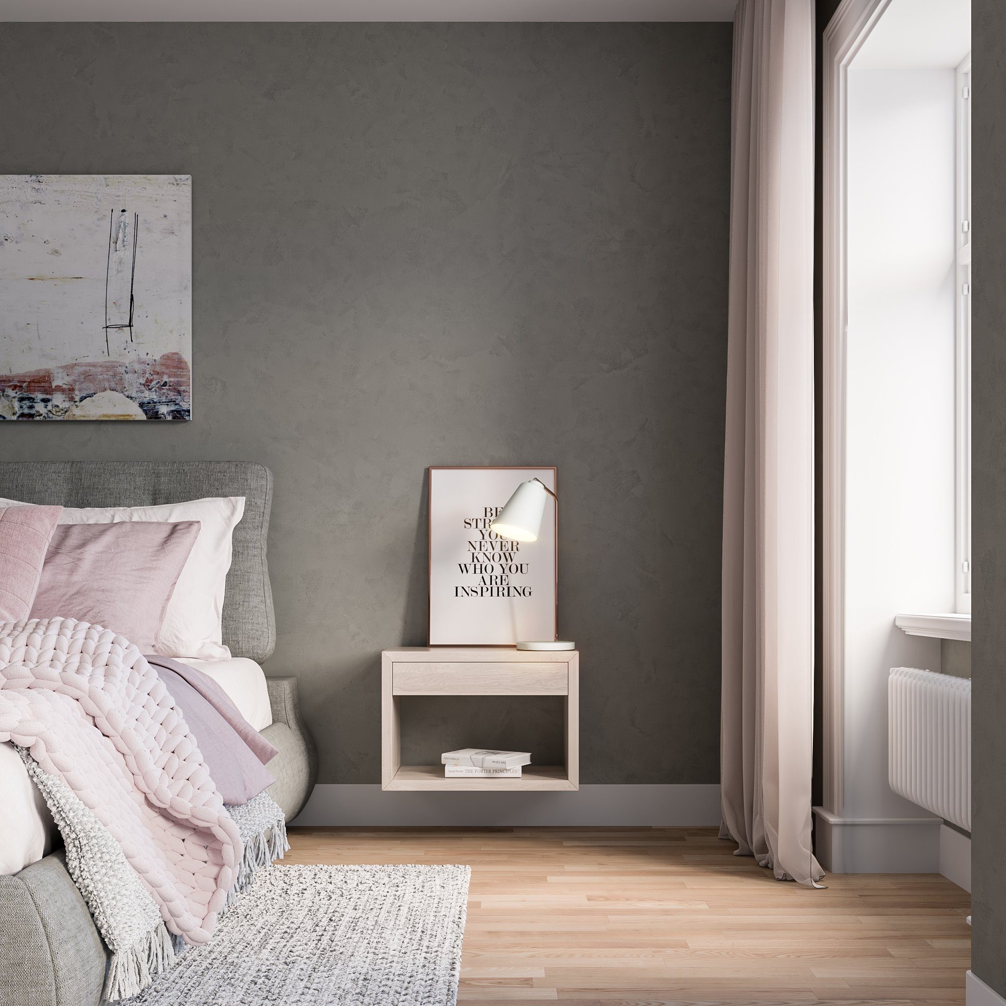 Woodek Design Nachttisch HUGO, breite und schwebende Nachtschränke aus Massivholz (Ablagetische aus weißer Buche, 2-St., funktionale Wandregale), hängende Nachtkonsolen mit Schublade und Ablage