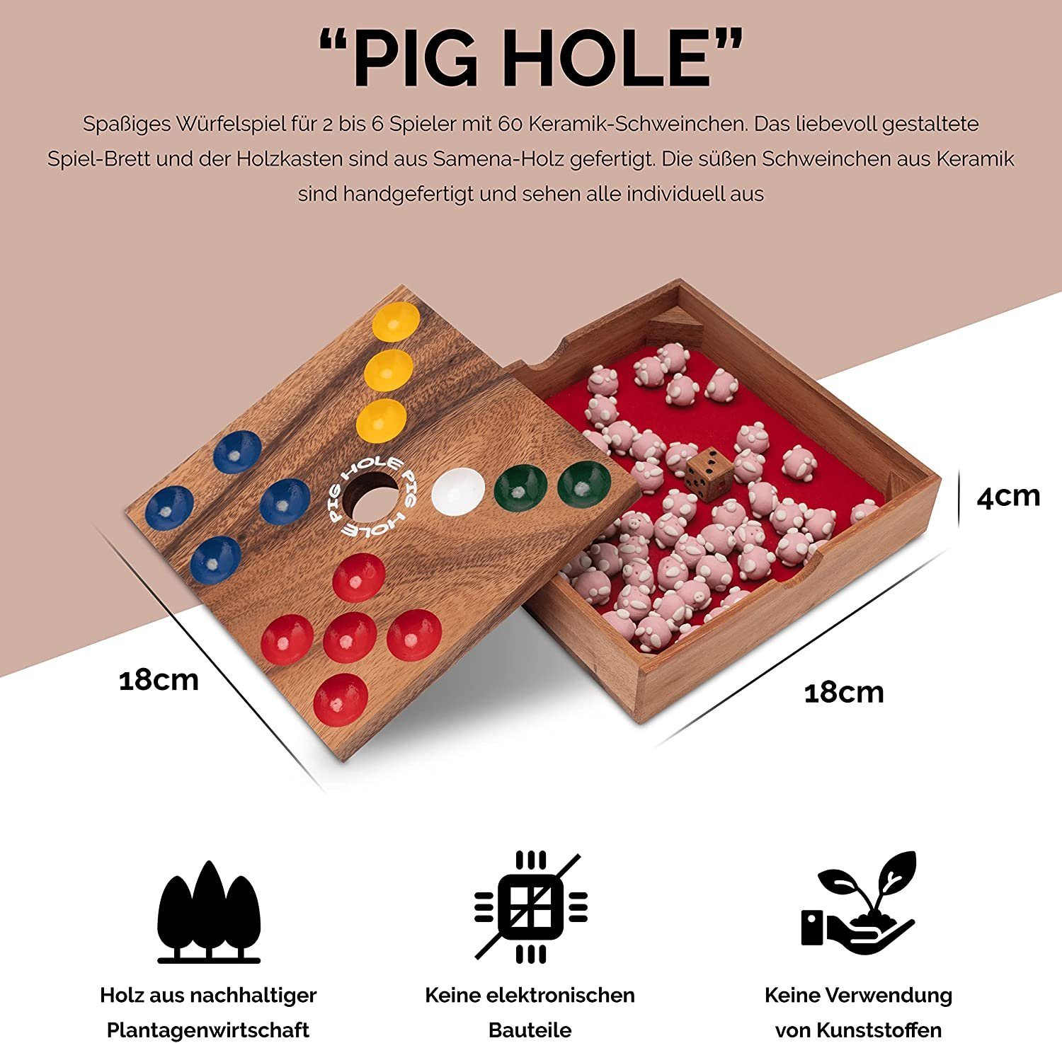 Holzspiele Pig 18 x 18 - 60 Hole Logoplay Spielfeld für 2 Spieler - Schweinchen cm 6 Holzspielzeug inkl. Spiel, bis