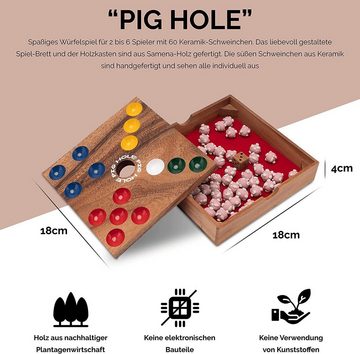 Logoplay Holzspiele Spielesammlung, Pig Hole für 2 bis 6 Spieler - Spielfeld 18 x 18 cm - inkl. 60 Schweinchen Holzspielzeug