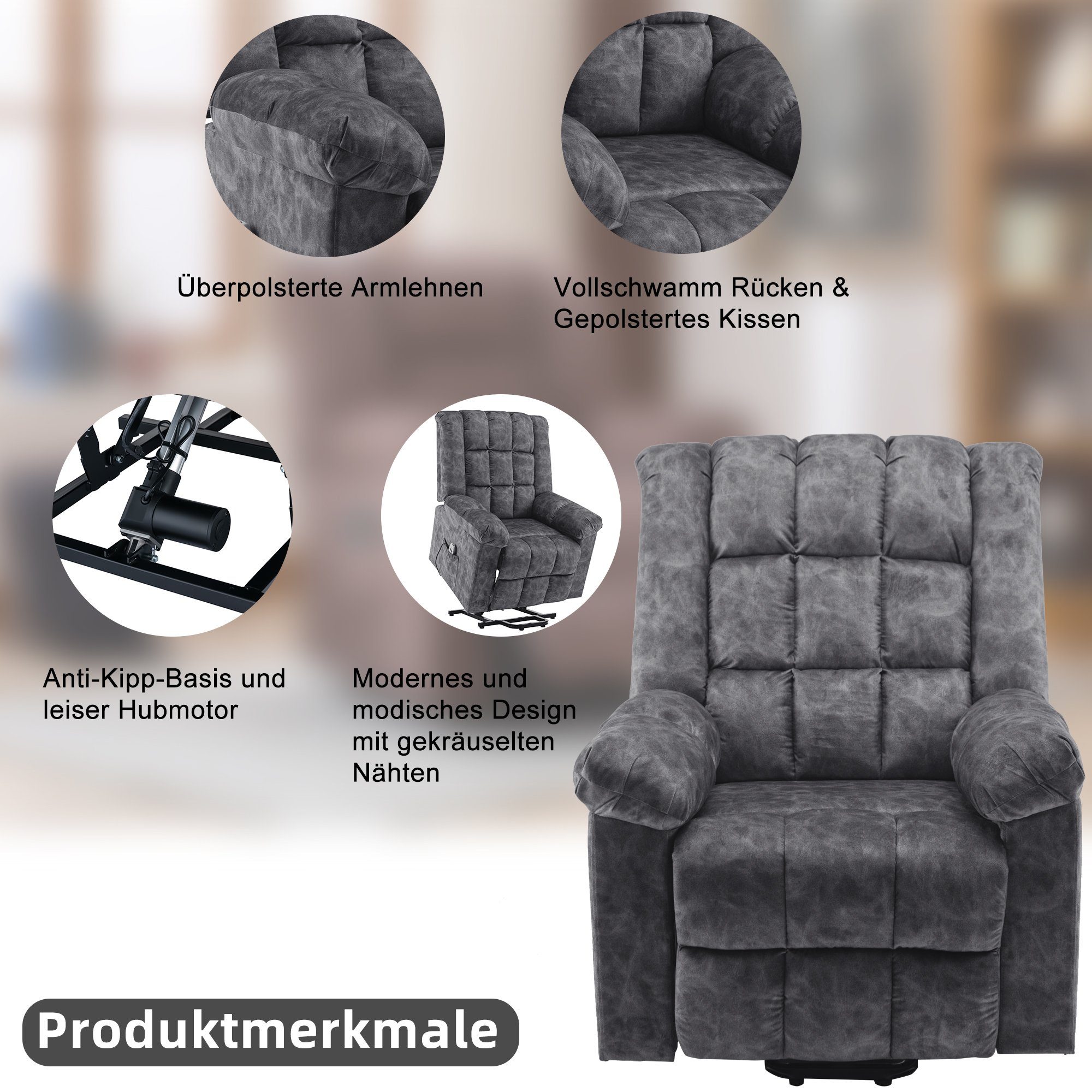 TV-Sessel (Fernsehsessel mit Aufstehhilfe, elektrisch Relaxsessel mit Fernbedienung, bis 130 kg belastbar), Massagesessel mit Liegefunktion, Wärmefunktion und Vibrationsmassage