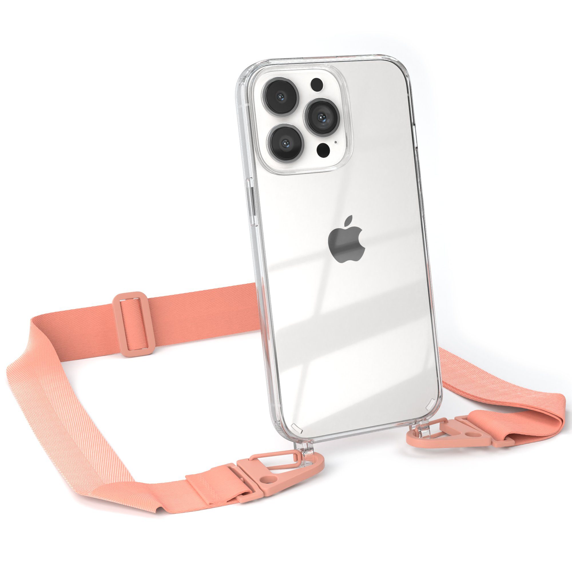 EAZY CASE Handykette Silikon Kette Karabiner für Apple iPhone 13 Pro 6,1 Zoll, Silicon Handyhülle mit breiter Kette Carabiner Necklace Altrosa Coral