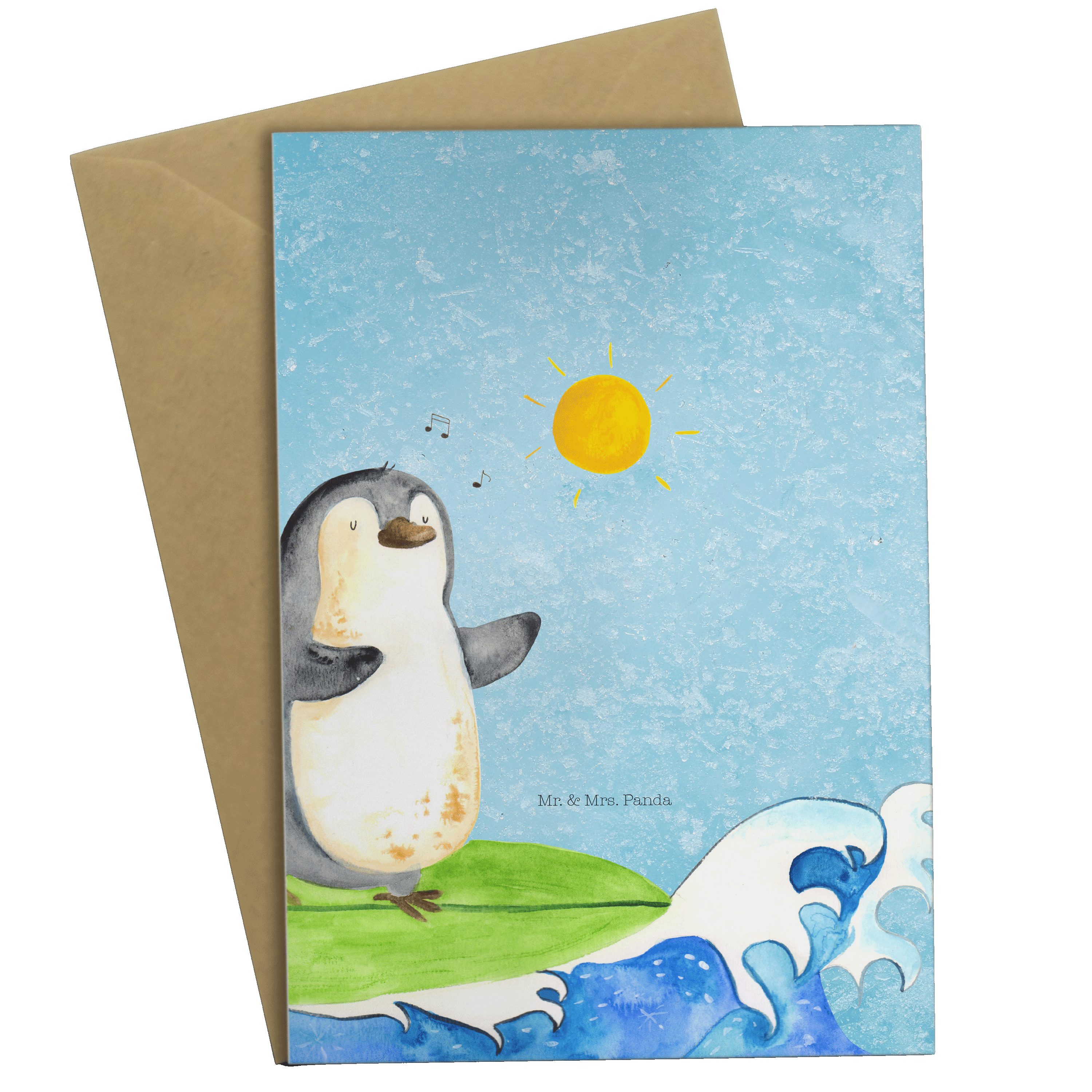 Mr. & Mrs. Panda Grußkarte Pinguin Surfer - Eisblau - Geschenk, Portugal, Urlaub, Hochzeitskarte