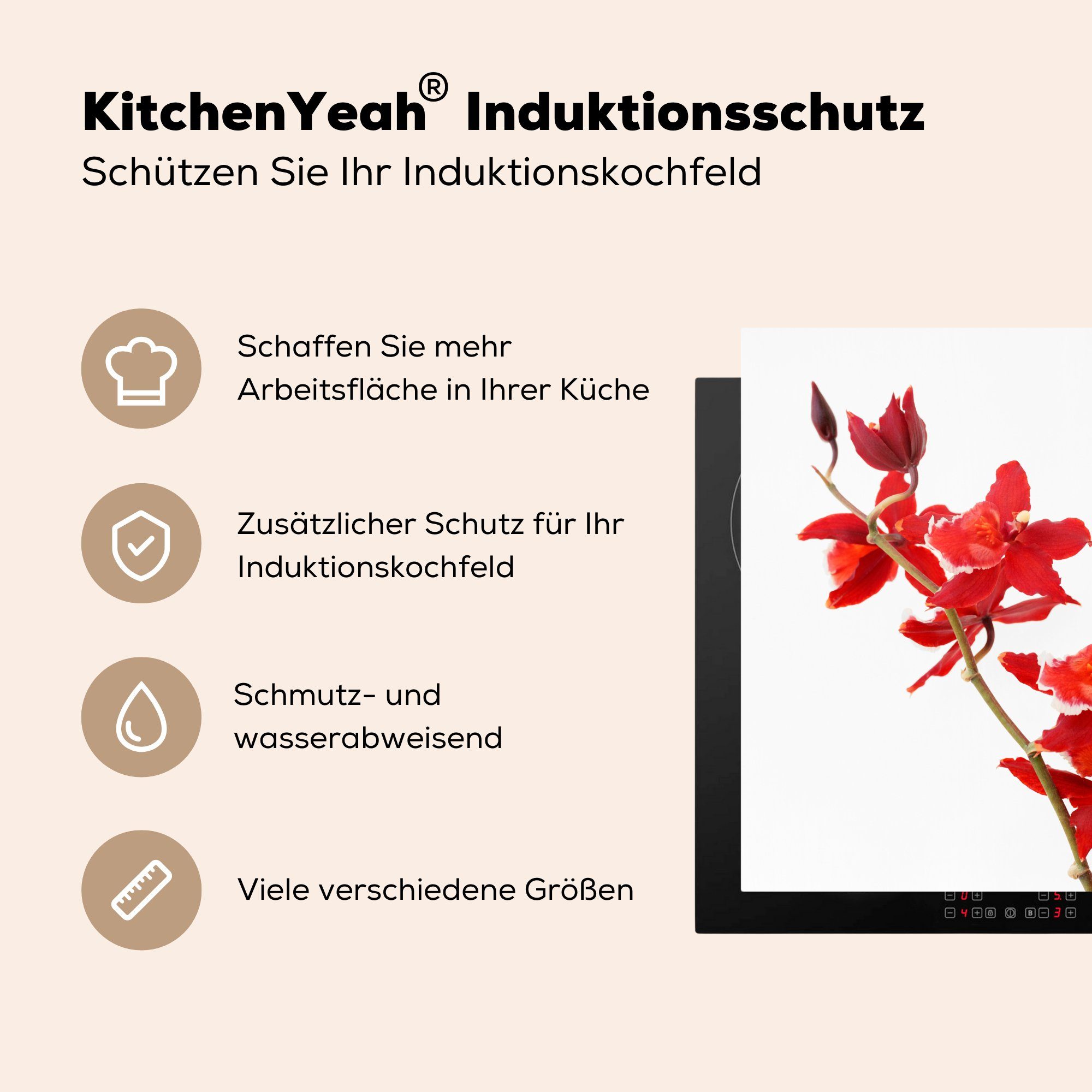 MuchoWow Herdblende-/Abdeckplatte Arbeitsplatte tlg), Hintergrund, cm, (1 für Rote vor küche Ceranfeldabdeckung, 78x78 Vinyl, Orchideen einem weißen