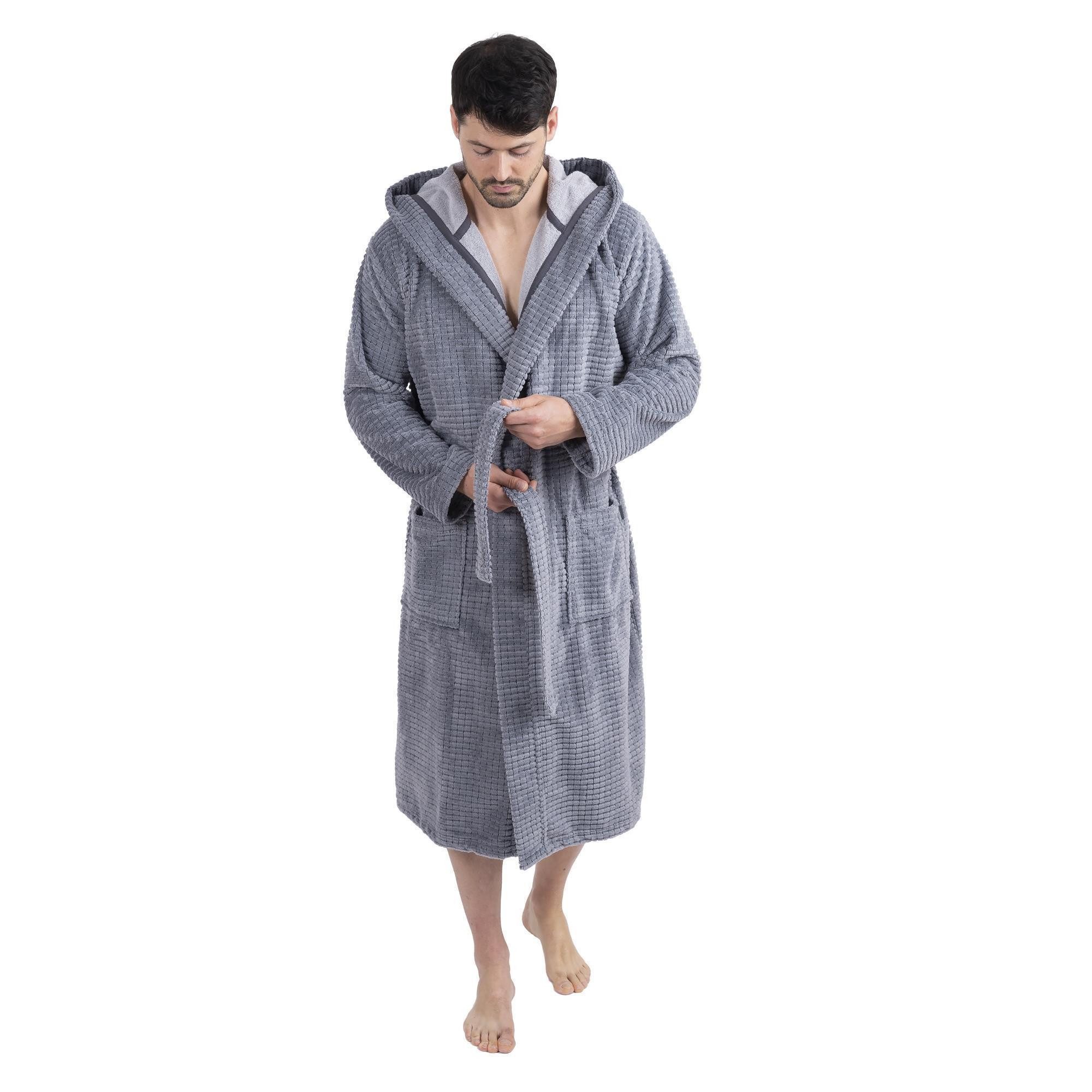 Wewo fashion Bademantel Wewofashion Herren Bademantel Kapuze 1101-2431 Grau Waffeloptik, Baumwolle-Mischgewebe