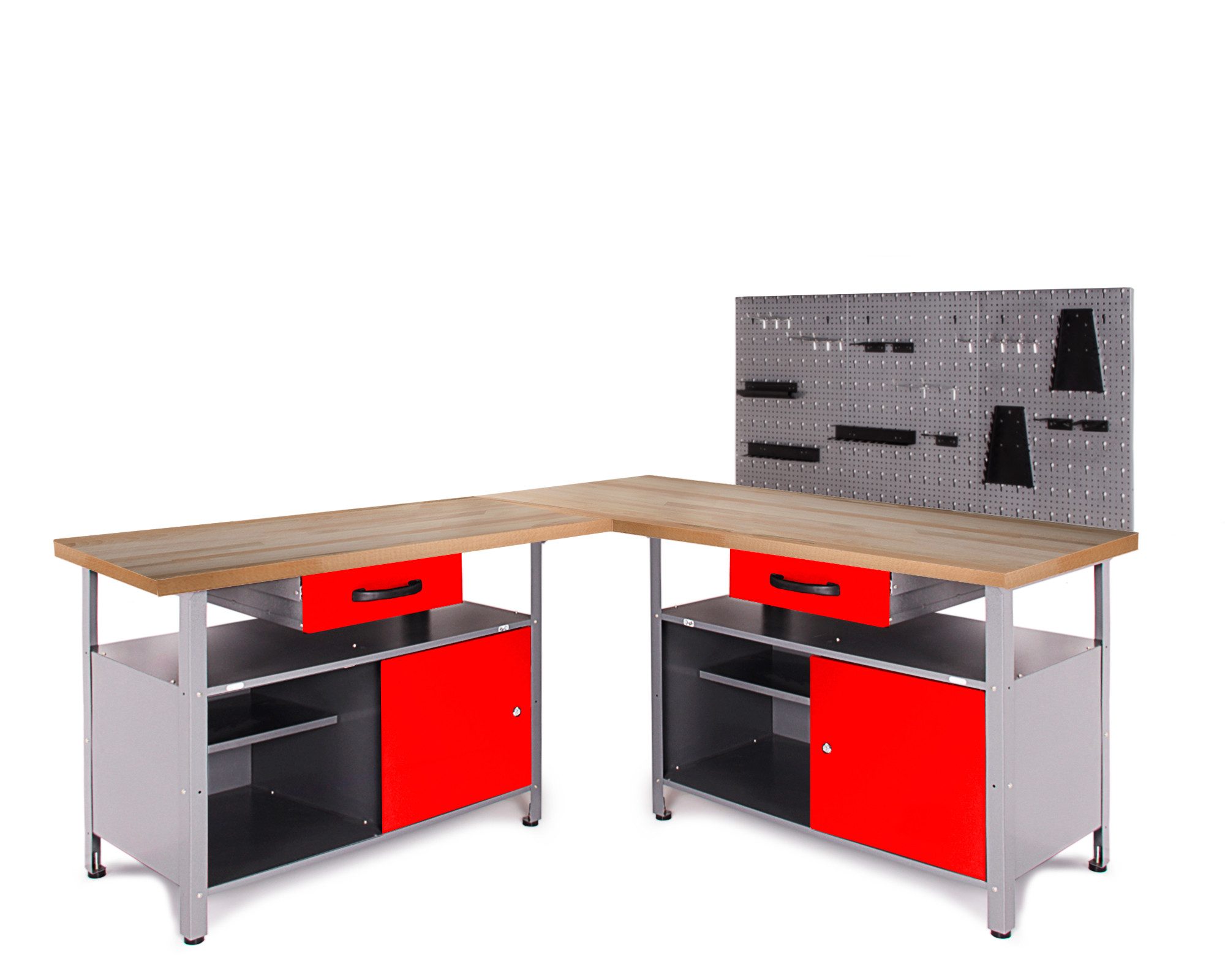 ONDIS24 Werkstatt-Set Ecklösung Classic One, Werkbank, 120 + 60 cm Holzarbeitsplatte, Werkzeugwand Lochwand, Haken Set, Metall (Arbeitshöhe 85cm)