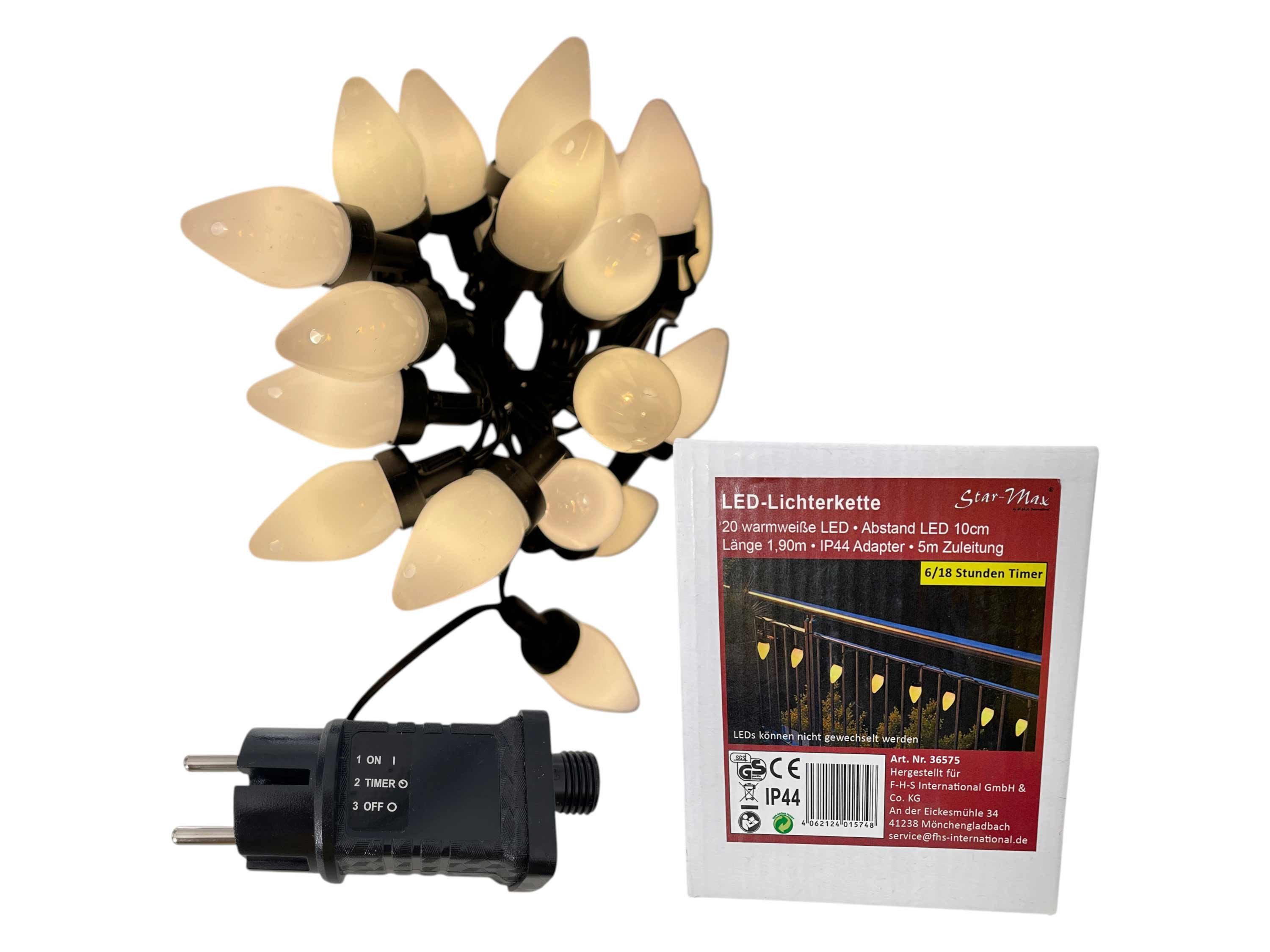 F-H-S International LED-Lichterkette, Party Tropfenform 1,9m warmweiß 6/18h Timer