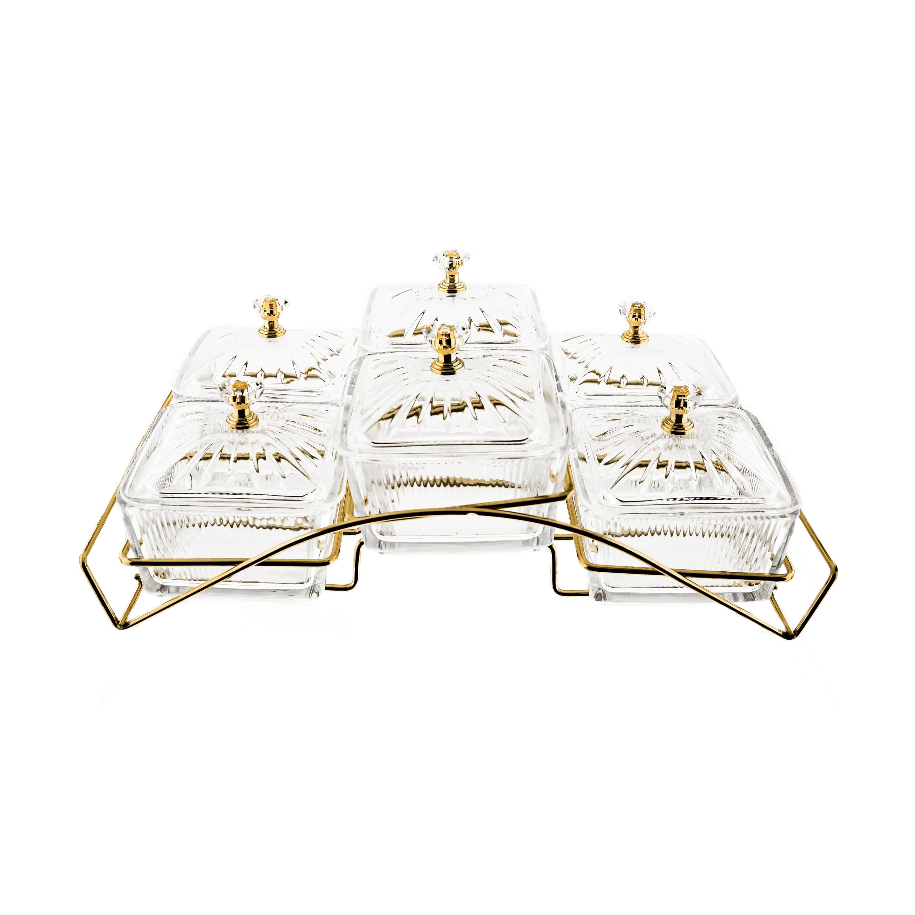 Almina Snackschale Snackschalen-Set Glasbehälter mit Deckeln und goldenem Ständer