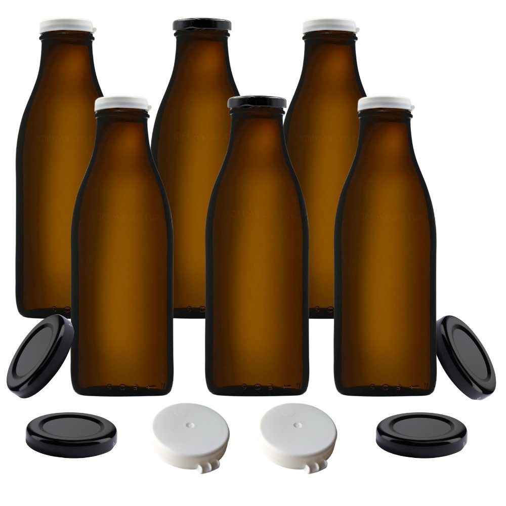 mikken Trinkflasche 6x Milchflasche 1,0 L Braunglas mit Ersatzdeckel, 1 L, inkl. Beschriftungsetiketten