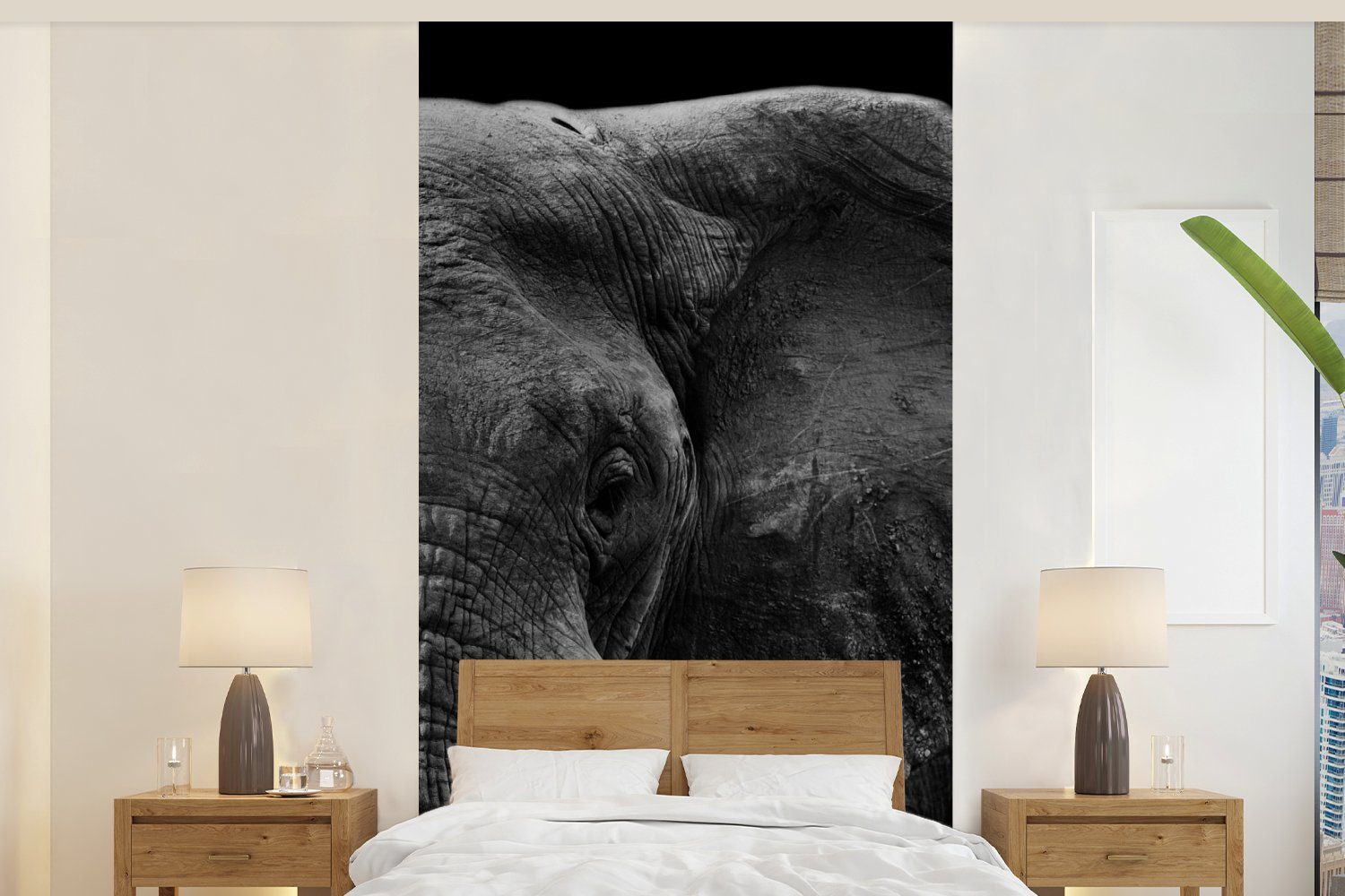 MuchoWow Fototapete Tiere - Elefant - Wild - Schwarz - Weiß, Matt, bedruckt, (2 St), Vliestapete für Wohnzimmer Schlafzimmer Küche, Fototapete | Fototapeten