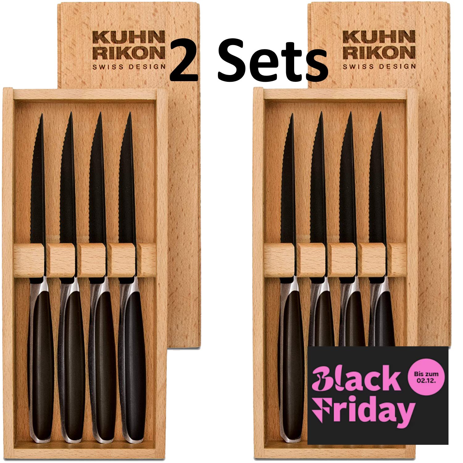 KUHN RIKON Steakbesteck Hochwertiges Steakbesteck Steakmesser Black Peak (8-tlg), 4 Personen, Edelstahl, japanischer Edelstahl mit Buchenholz-Box