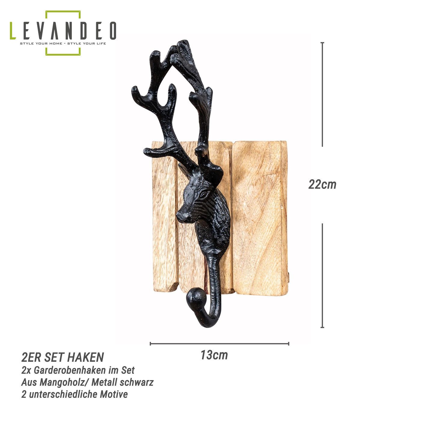 Levandeo® Garderobenhaken, 2er Set Kleiderhaken Hirsch Natur Schwarz Garder günstig online kaufen