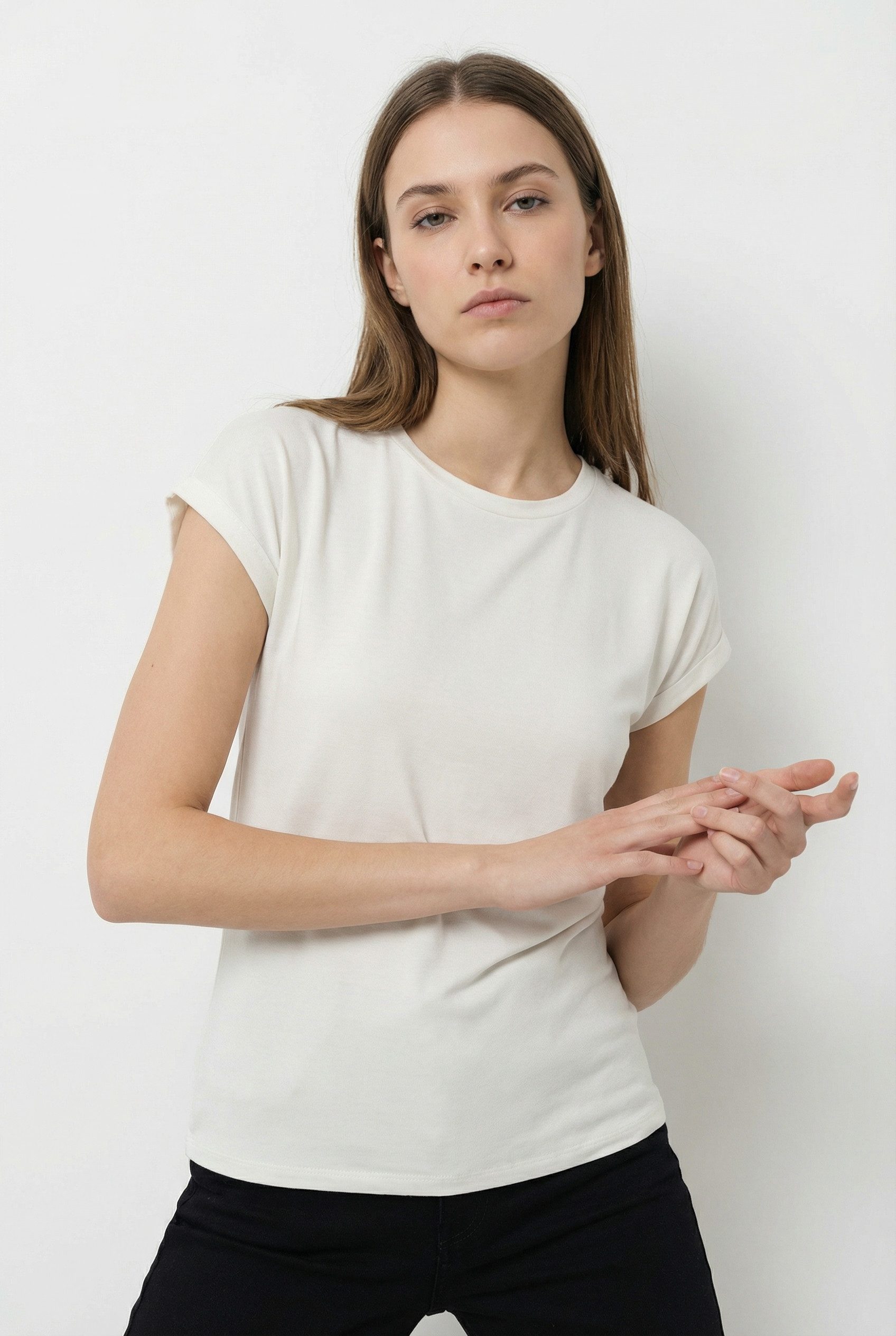 Vero Moda Kurzarmpullover VMBRIANNA SS O-NECK PULLOVER BOO REP mit überschnittenen Schultern mit Umschlagsaum
