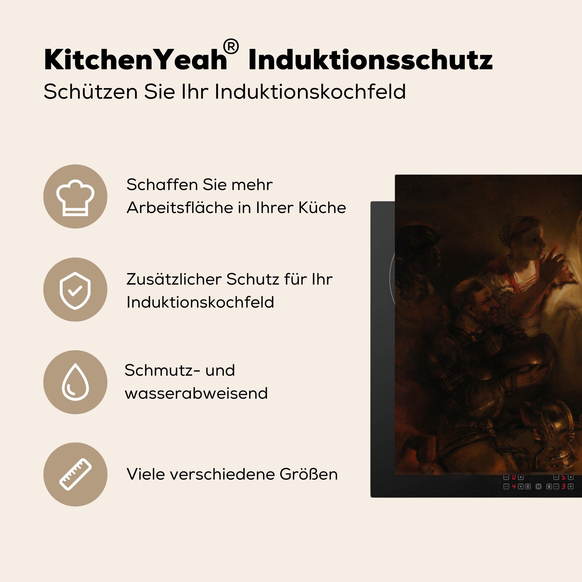 MuchoWow Herdblende-/Abdeckplatte Die Verleugnung - Induktionsmatte Rijn, des Rembrandt die Petrus für Vinyl, cm, van küche, (1 59x52 Ceranfeldabdeckung tlg)