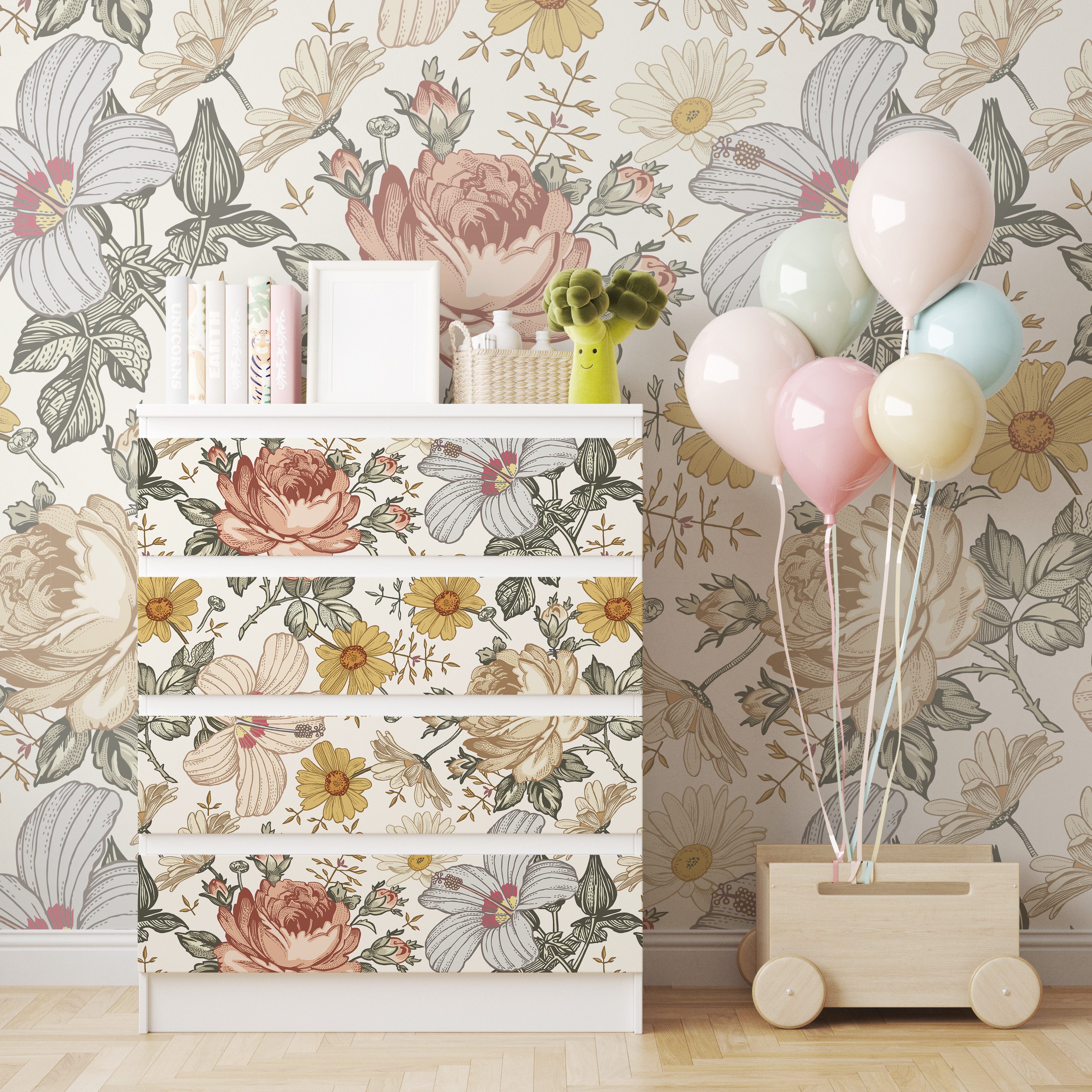 Unik Nordic Möbelfolie IKEA Malm Vintage Blumen #1052, (Set, 0St.}, Für die angebene Anzahl an Flächen zugeschnitten), selbstklebend, exakte Maße, wiederablösbar