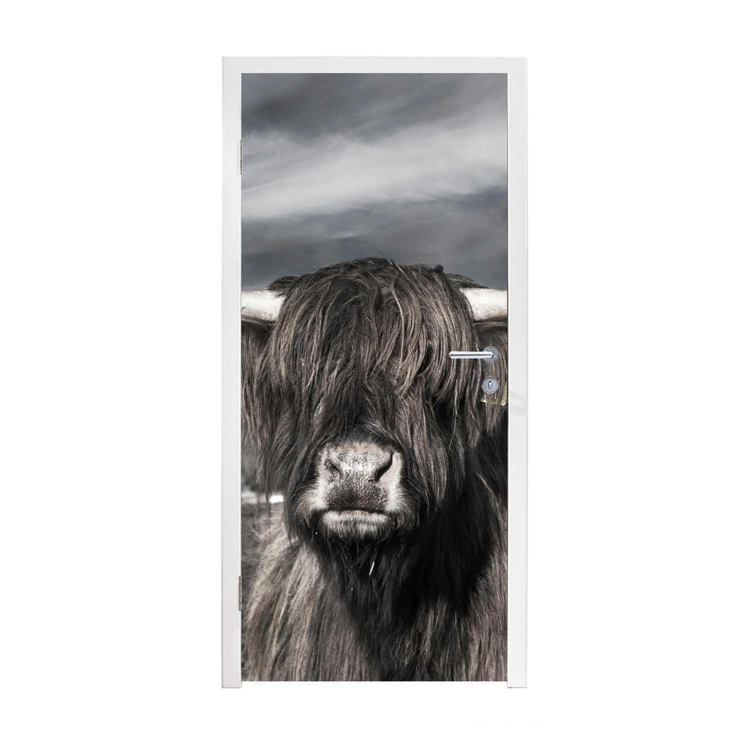 MuchoWow Türtapete Schottischer Hochländer - Porträt - Schwarz - Weiß - Tier - Wildnis -, Matt, bedruckt, (1 St), Fototapete für Tür, Türaufkleber, 75x205 cm
