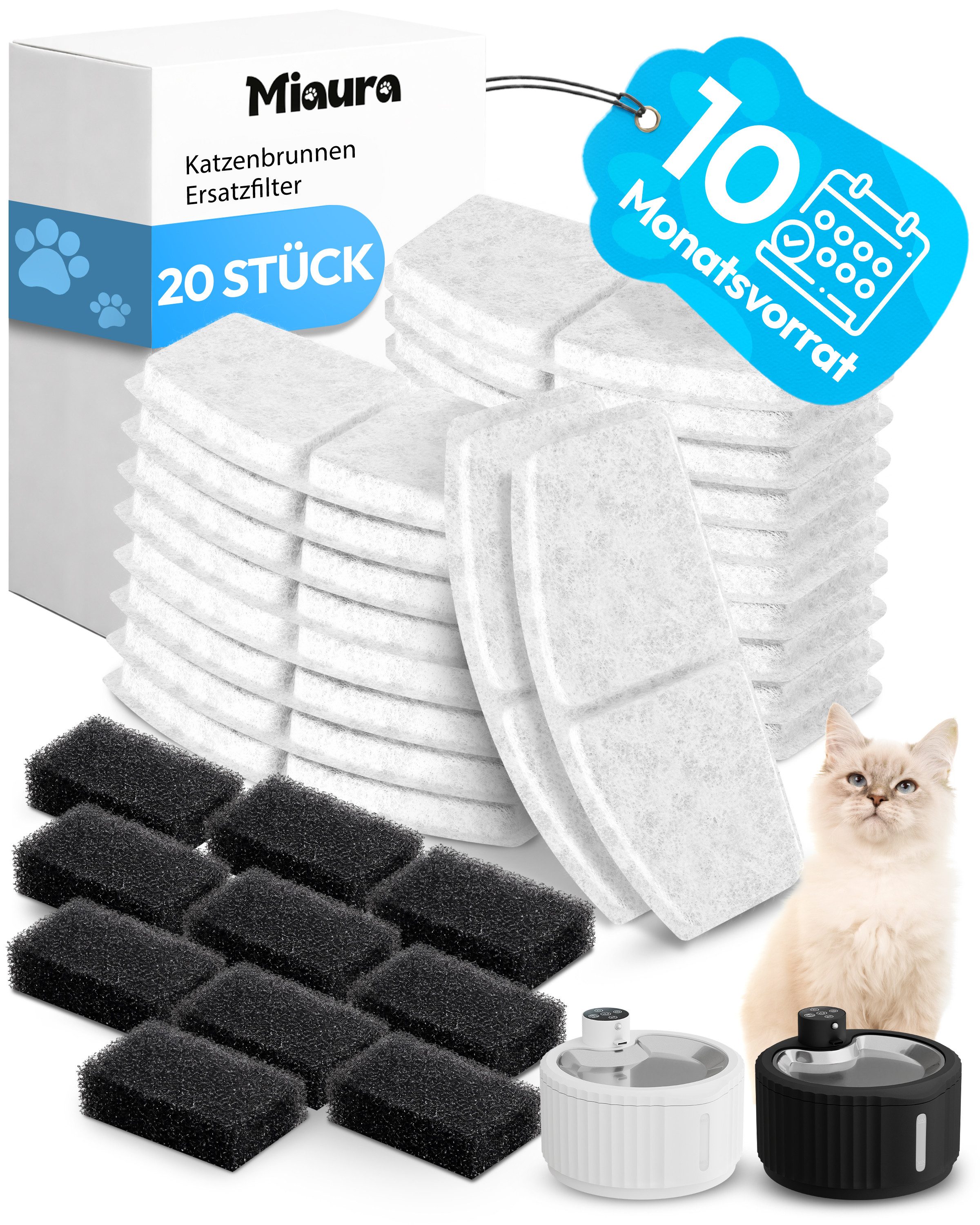 Miaura Wasserfilter für Katzentrinkbrunnen, Zubehör für Miaura, 10er Set