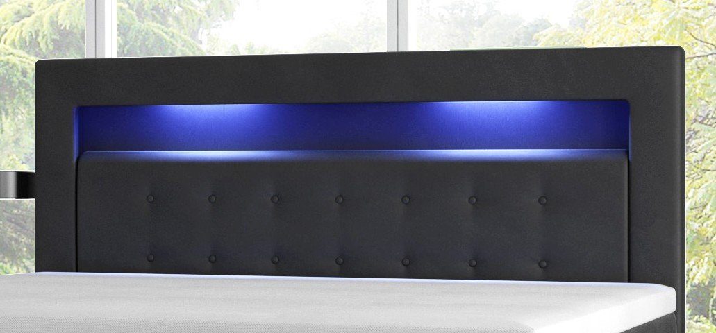 aus Kunstleder Möbel LED-Licht zwei für Bezug Schwarz links Dich mit Boxspringbett Schubladen rechts, im oder Kopfteil, Milano2