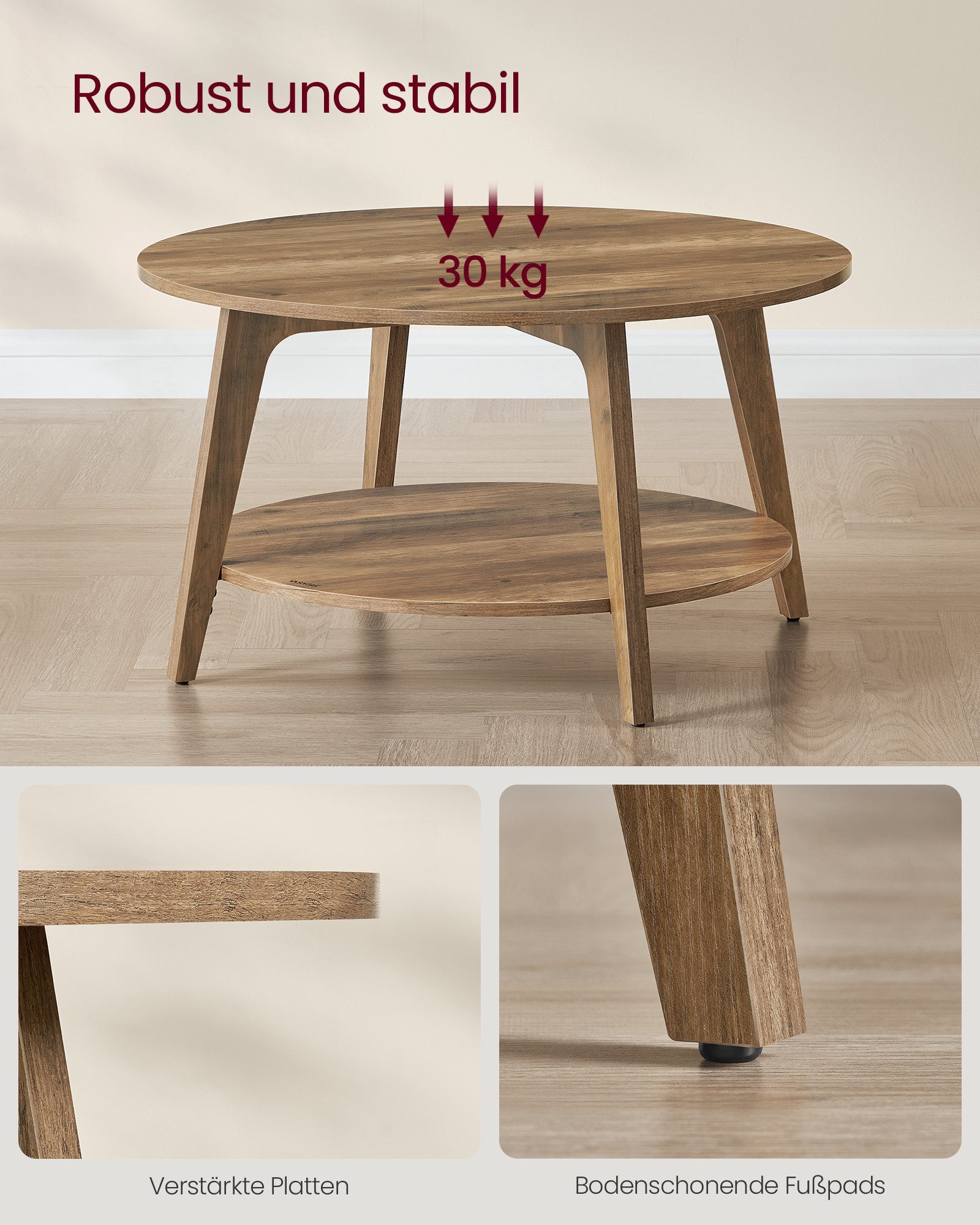 VASAGLE Couchtisch rund Wohnzimmertisch holz Beistelltisch (inkl. Zubehörpaket & Anleitung), 2 Ebenen, Ø 80 cm, modern, skandinavisch, einfache Montage – Bild 5 von 5