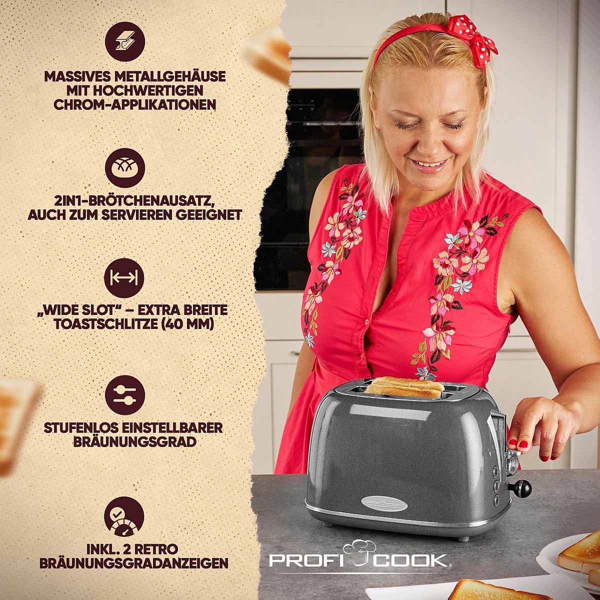 ProfiCook Toaster PC-TA 1193, Toaster 2 Scheiben m. extra breiten Toastschlitzen
